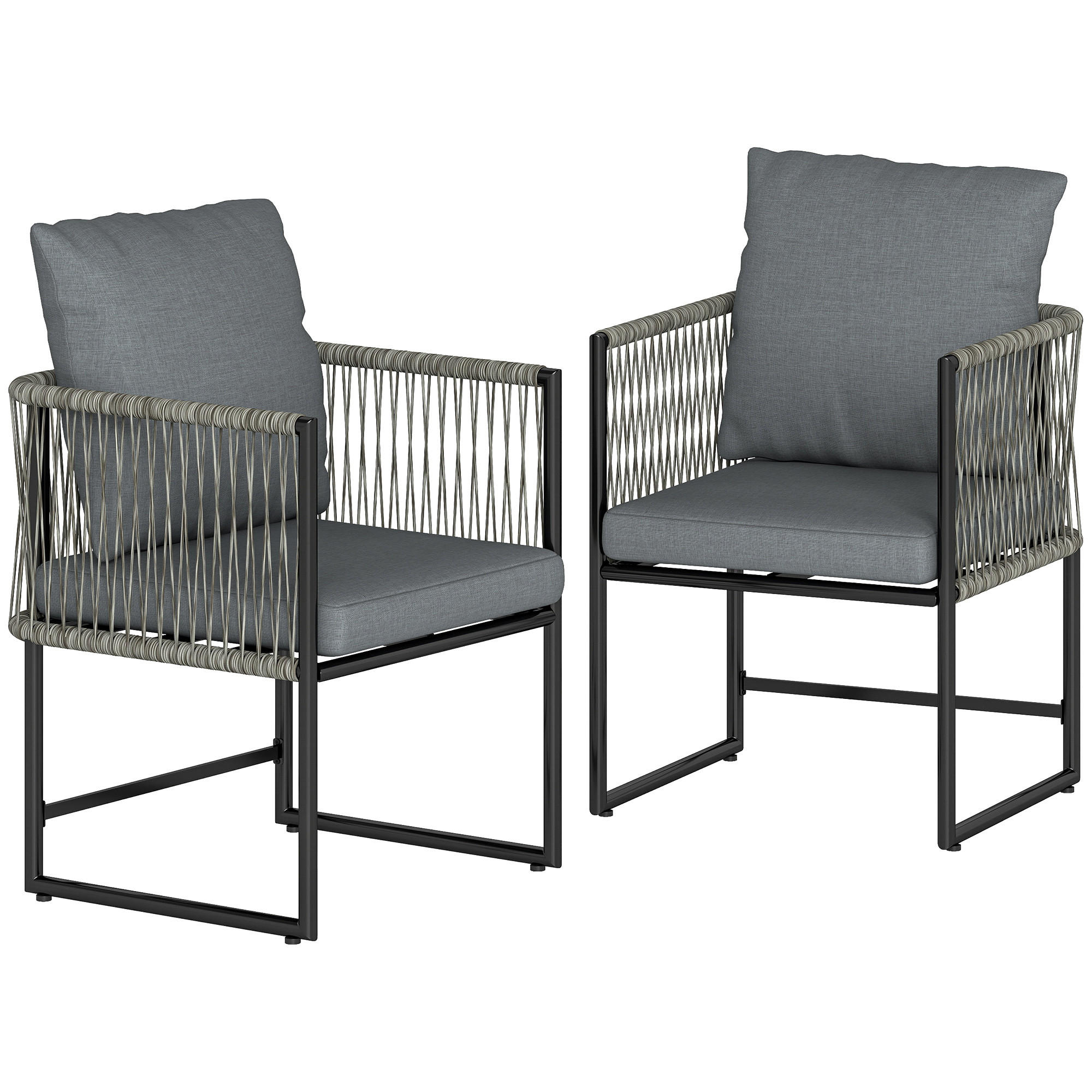 GARTENSTUHL 2er Set wetterfest Gartenstühle aus Stahl PE-Rattan mit Kissen Armlehne Rückenlehne 52x52x66 cm Dunkelgrau - Dunkelgrau, Metall (52/66/52cm)