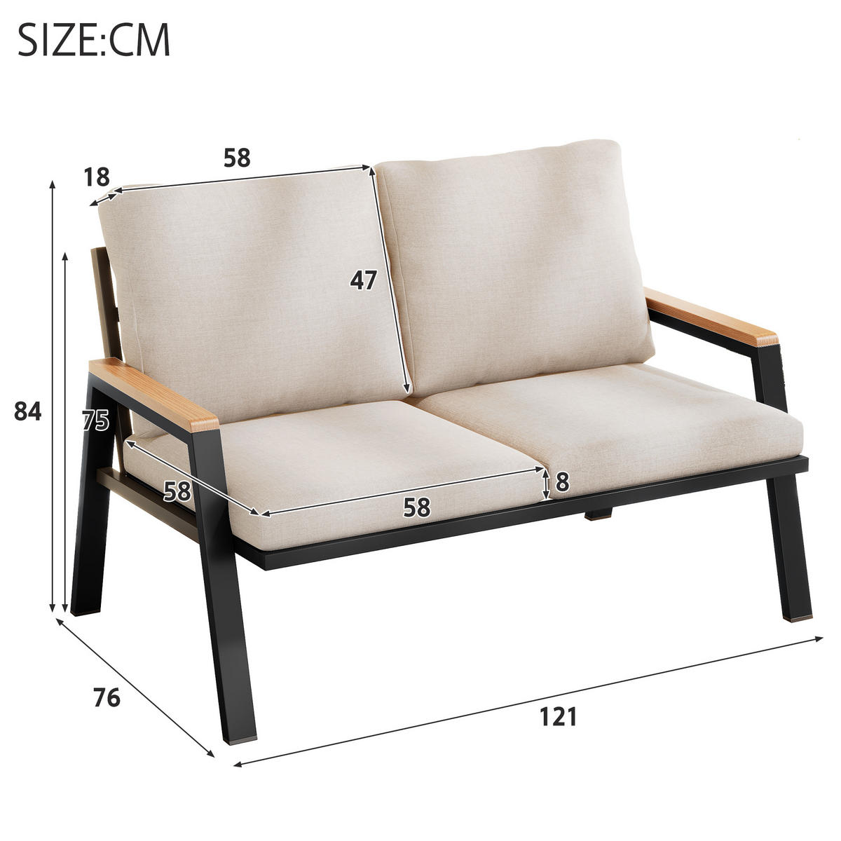 GARTENMÖBEL-SET 2-Sitzer Outdoorsofa Stahl WPC Armlehnen Graubeige - Grau, Textil (76/84/121cm) - FLIEKS