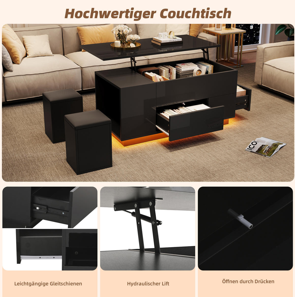 COUCHTISCH 100/50/45 cm höhenverstellbar mit LED-Beleuchtung und 2 Hockern, Schwarz - Schwarz, Holzwerkstoff (100/50/45cm) - Flora Grace