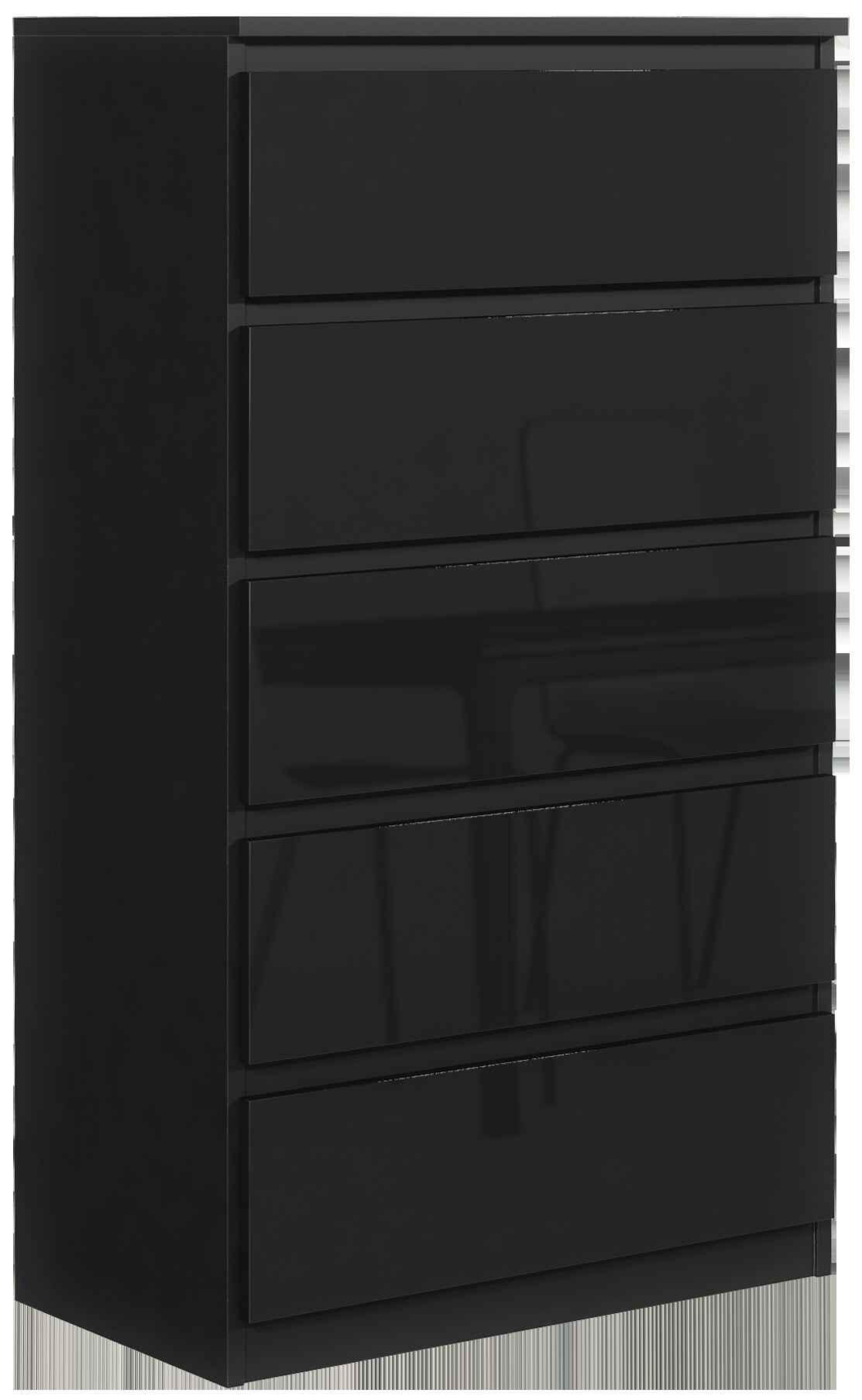 KOMMODE NUDO 70/124,5/39cm mit 5 Schubladen Türen Schwarz - Schwarz Hochglanz/Schwarz, Holzwerkstoff (70/124.5/39cm) - MASSENO