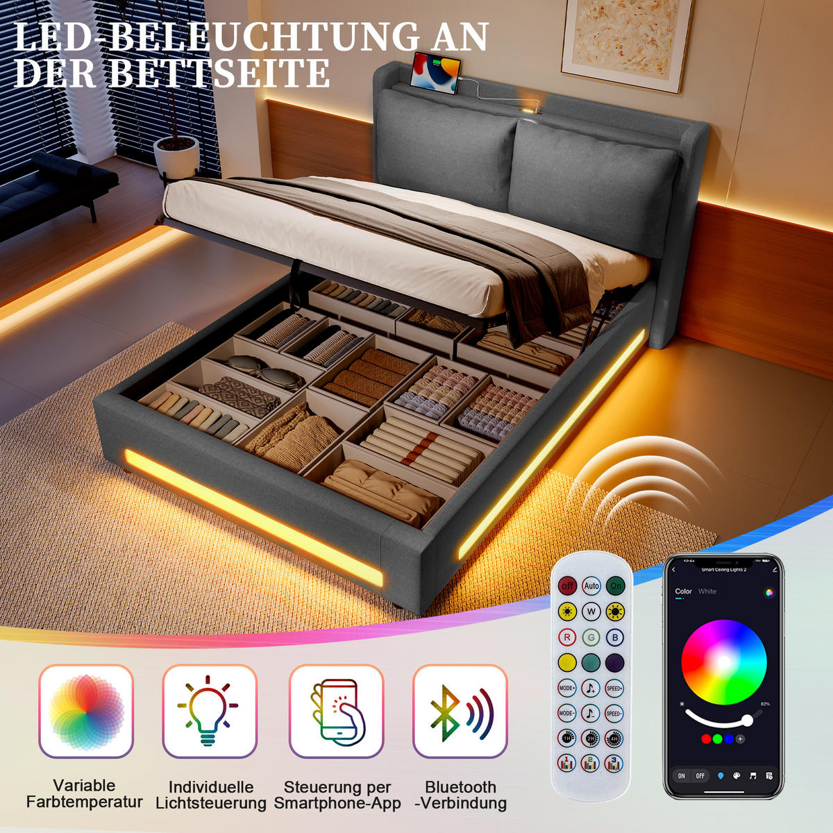 POLSTERBETT 140x200 cm LED USB Stauraum - Dunkelgrau, Textil (140/200cm) - LEBENLANG