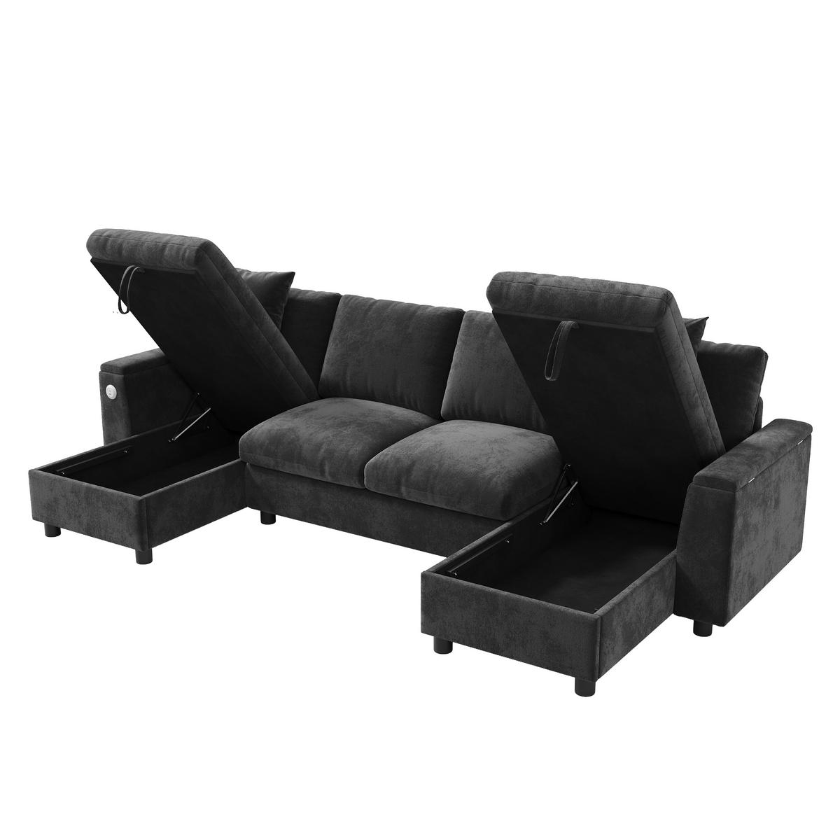 WOHNLANDSCHAFT 284/135/84 cm Grau mit aufklappbarem Stauraum, 1 USB-Anschluss und 1 Type-C-Anschluss - Grau, Textil (135/84/284cm) - Oxeza