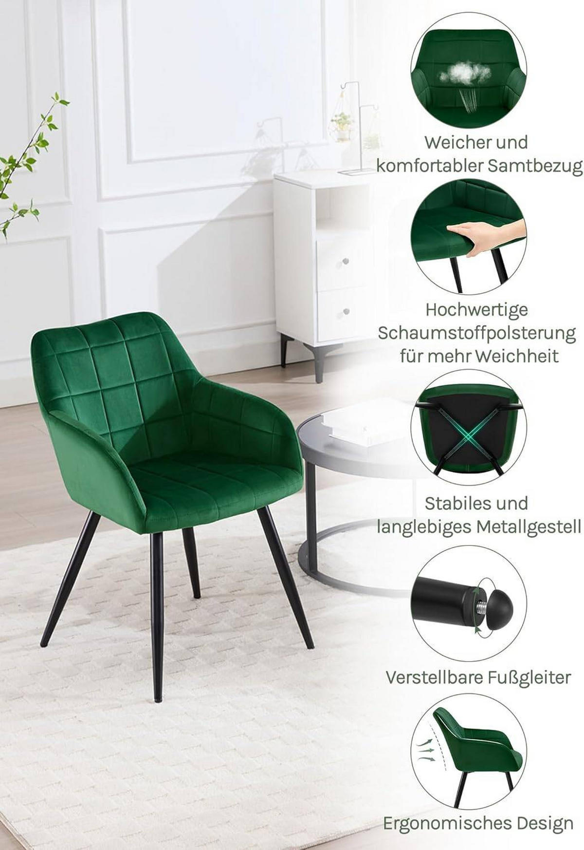 ESSZIMMERSTUHL 6er Set, Küchenstühle mit Armlehnen Metallbeinen - Dunkelgrün/Schwarz, Textil/Metall (56/81/62cm) - Woltu