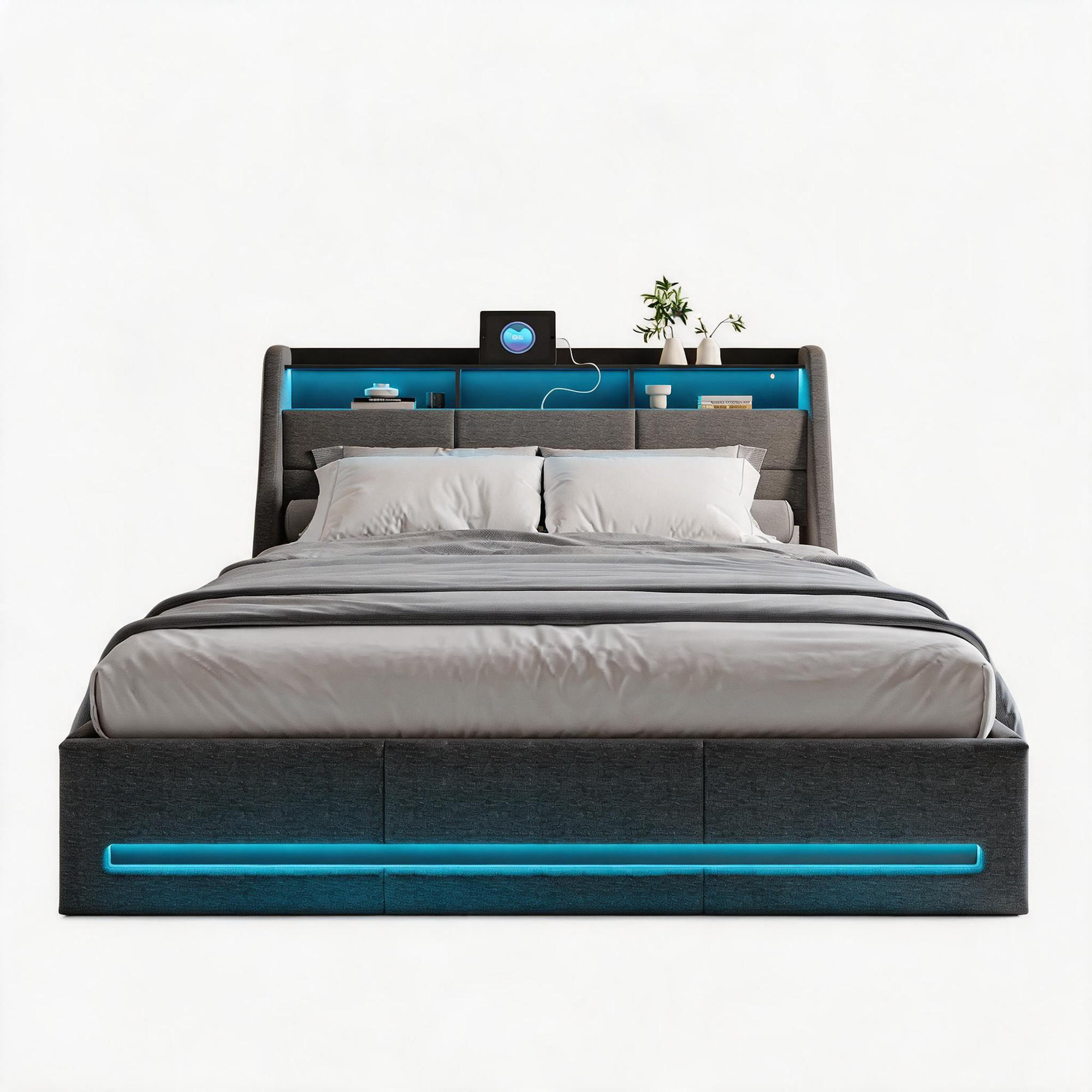POLSTERBETT 140x200 cm mit Bettkasten, Doppelbett 140x200 cm mit LED und USB, Stauraumbett mit Hydraulik, Grau Leinenstoff - Grau, Glas/Holzwerkstoff (140/200cm) - GENKI LIVING