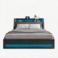 POLSTERBETT 140x200 cm mit Bettkasten, Doppelbett 140x200 cm mit LED und USB, Stauraumbett mit Hydraulik, Grau Leinenstoff - Grau, Glas/Holzwerkstoff (140/200cm) - GENKI LIVING