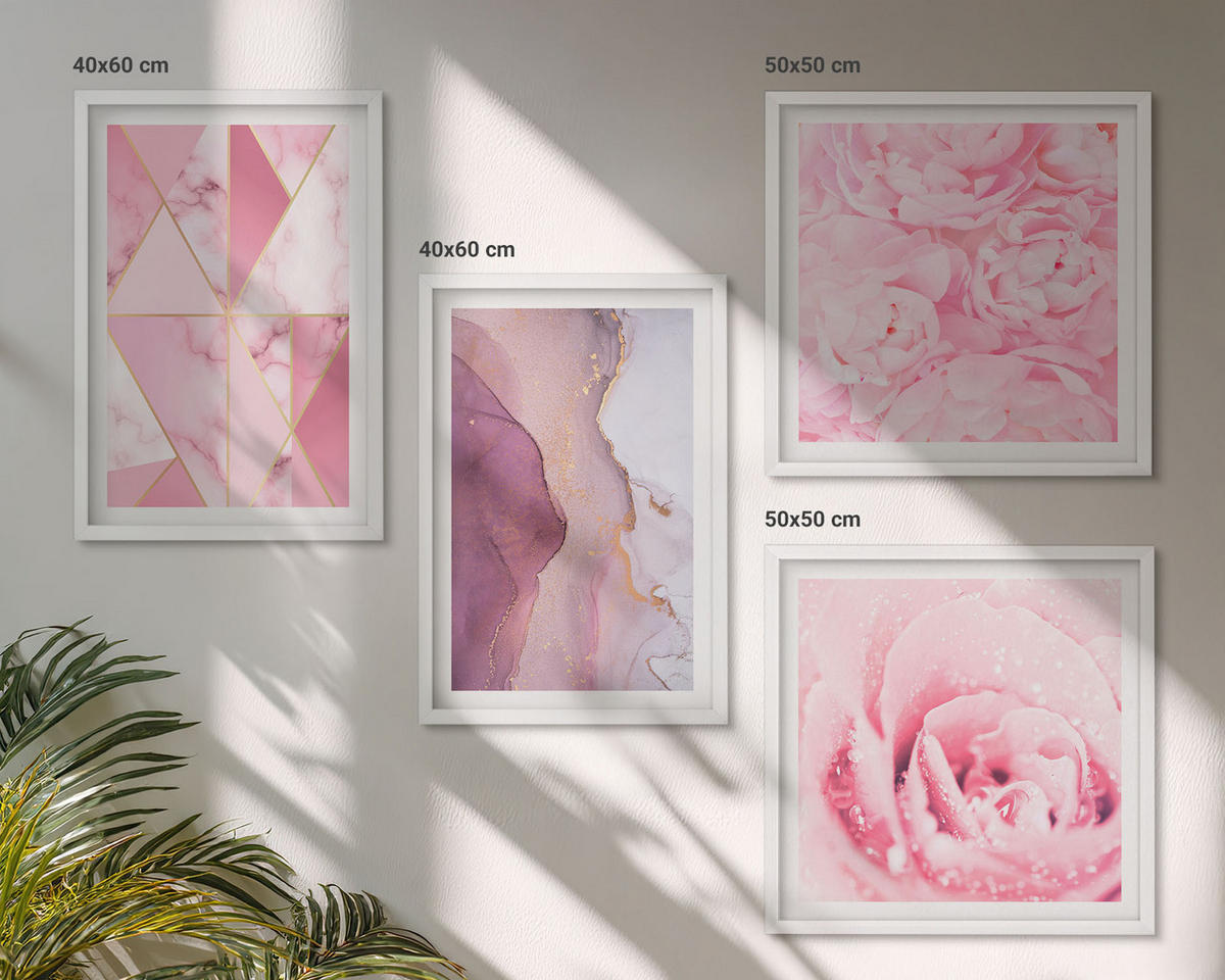 WANDBILDER 4er-Set - 50x50 cm & 40x60 cm Weißer Rahmen - Rosa geometrische Pfingstrosen - Weiß, Kunststoff (50/50cm) - ArtPrintCave