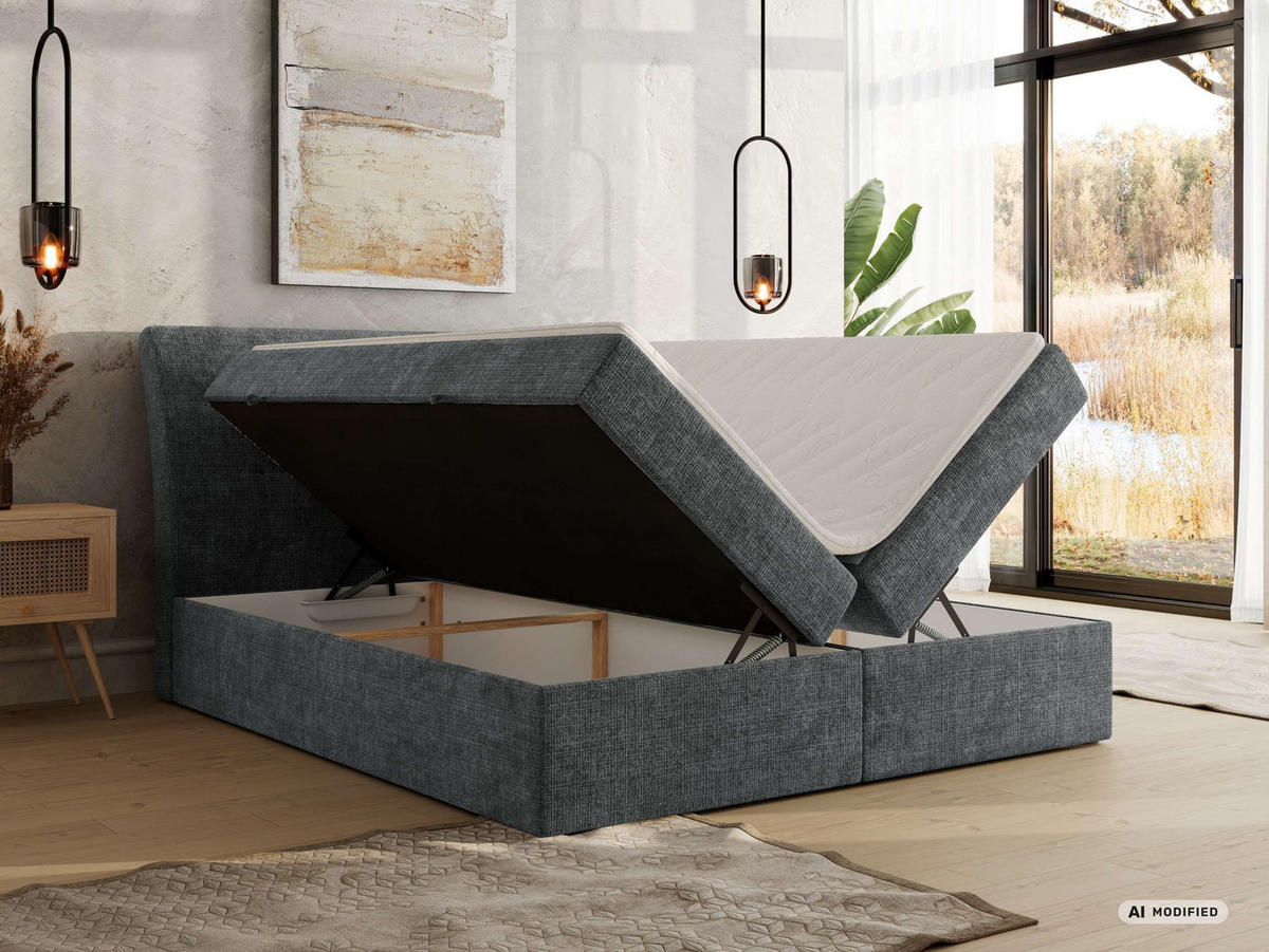 BOXBETT DAGOS 180/200 - Dunkelgrau Schenille grob gewebt - Topper Visco - H3 - Grau, Textil (180/200cm) - MKS