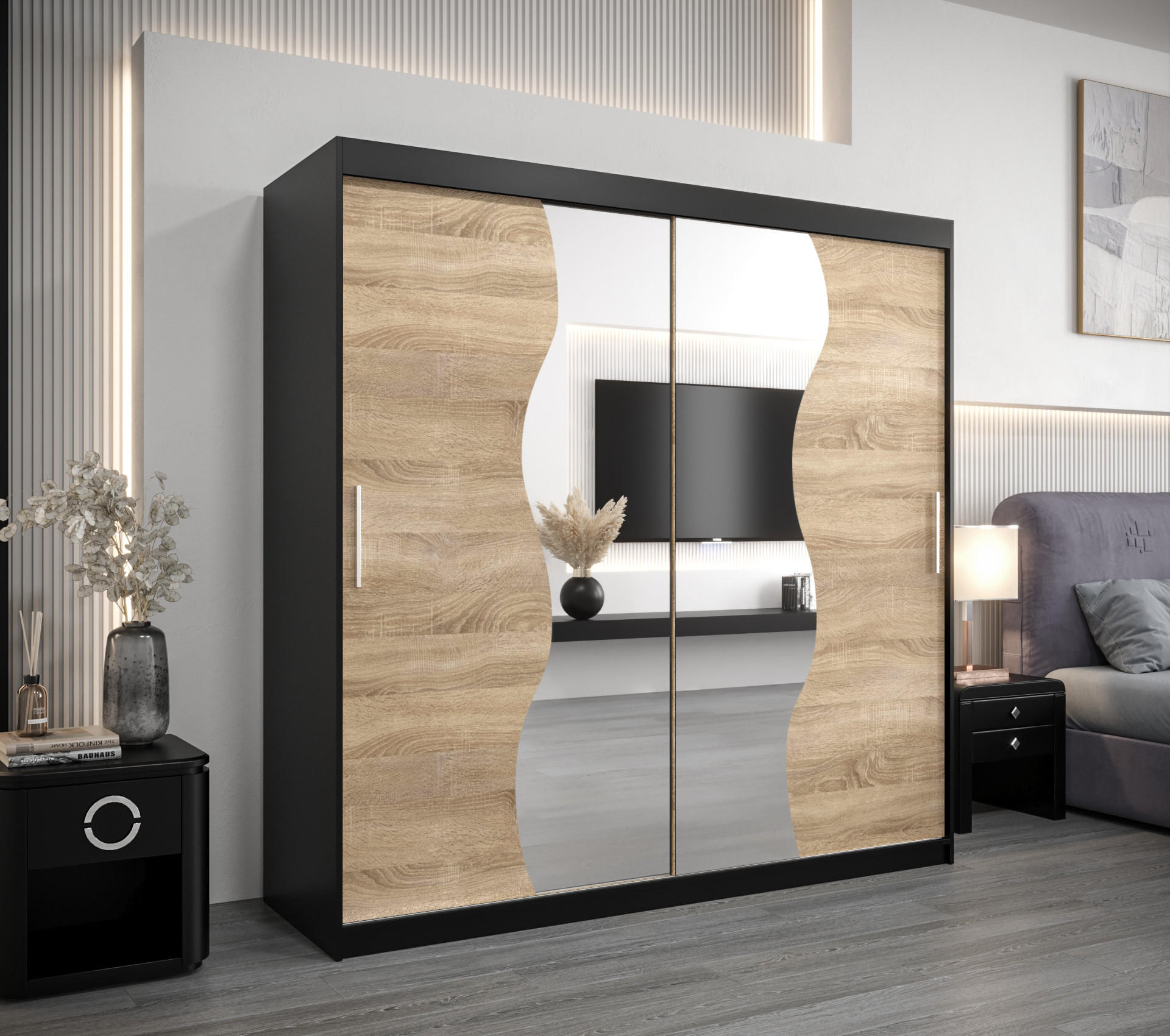SCHWEBETÜRENSCHRANK 200/200/62 2-türig - Silberfarben/Schwarz, Holz/Kunststoff (200/200/62cm) - MÖBEL KRYSPOL