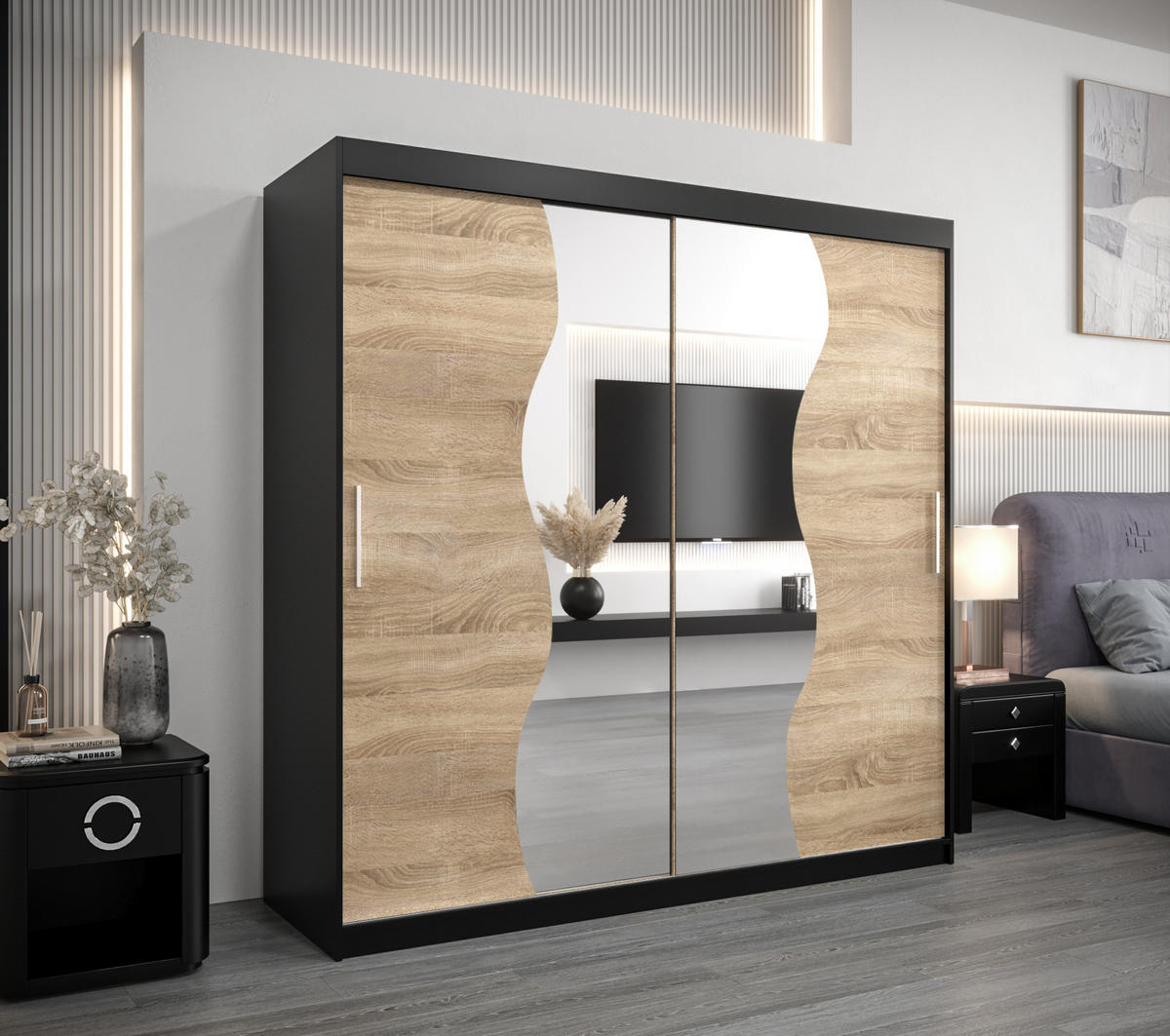 SCHWEBETÜRENSCHRANK 200/200/62 2-türig - Silberfarben/Schwarz, Holz/Kunststoff (200/200/62cm) - MÖBEL KRYSPOL