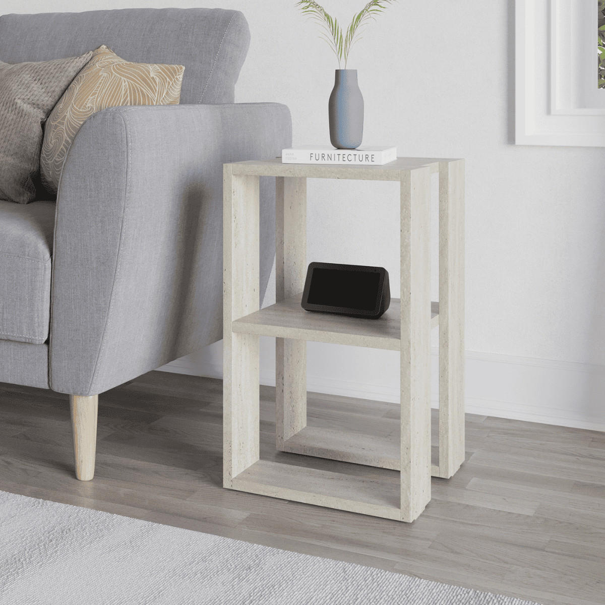 NACHTTISCH mit 2 regalböden, travertin-dekor - lonie 30/30/55 cm - Beige, Holzwerkstoff (30/55/70cm) - Calicosy