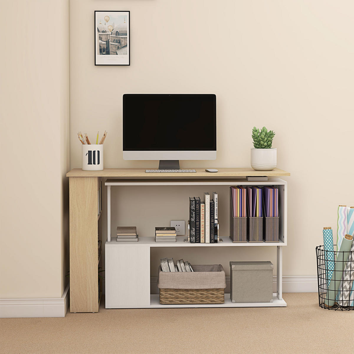 SCHREIBTISCH DE-14943 modulierbar mit 360°-Drehbücherregal Natur - Naturfarben, Holzwerkstoff (120/110/74.5cm) - ComfortXL