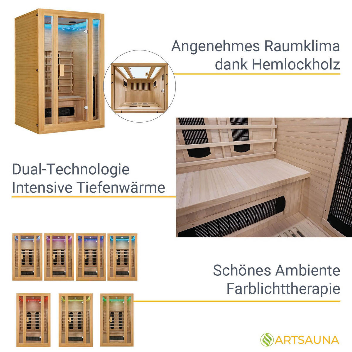 INFRAROTKABINE Nyborg S120K mit Keramik-, Flächenstrahler & Hemlockholz - Naturfarben, Holz (120/190/105cm) - Artsauna
