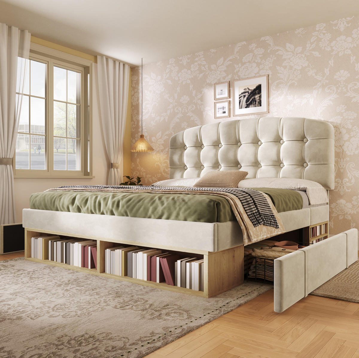 POLSTERBETT mit Schubladen und Lattenrost 140x200 cm Samt Beige - Beige, Metall (140/200cm) - Meubliv