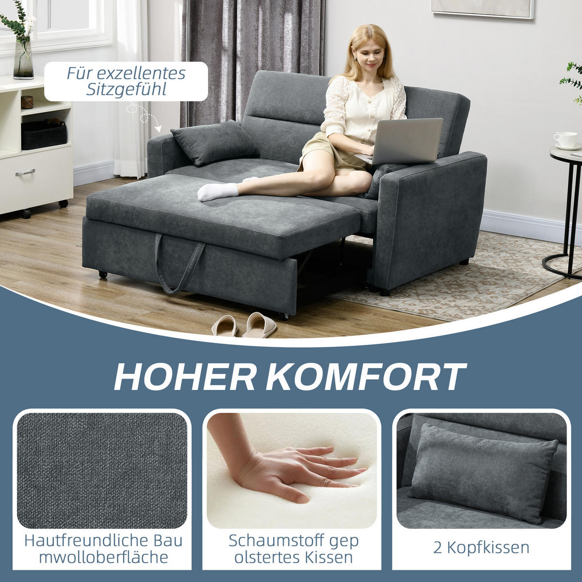 SCHLAFSOFA, Sofa mit Bettfunktion, Wurfkissen, Samtoptik für Wohnzimmer - Dunkelgrau, Holz (90/88.5/155cm) - HOMCOM