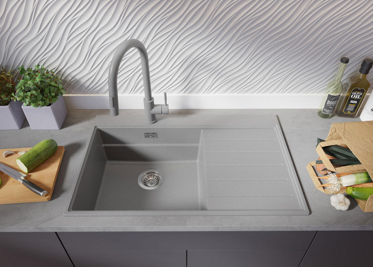 SPÜLBECKEN Sydney, 2-er set Grau 78/50 cm 1 Becken + Ablauf-Set + Küchenzubehörset ab 50er Unterschrank - Chromfarben/Beige, Kunststoff (78/20/50cm) - Primagran