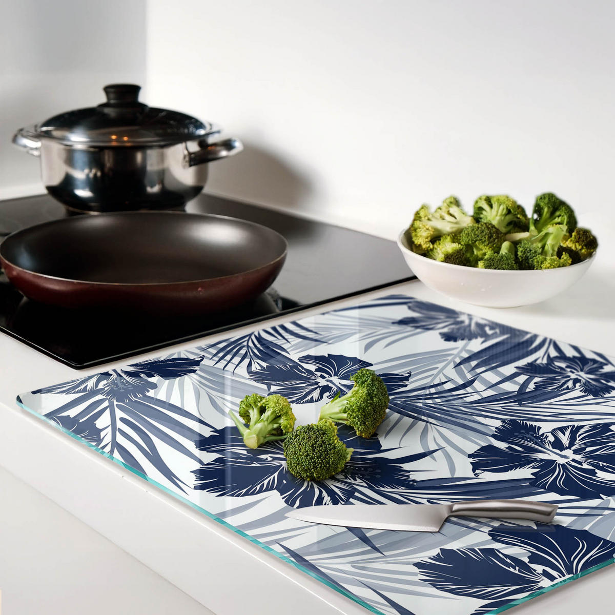 GLASPLATTE 60x52 cm Tropische Blumen - Blau, Glas (60/0.4/52cm) - TULUP