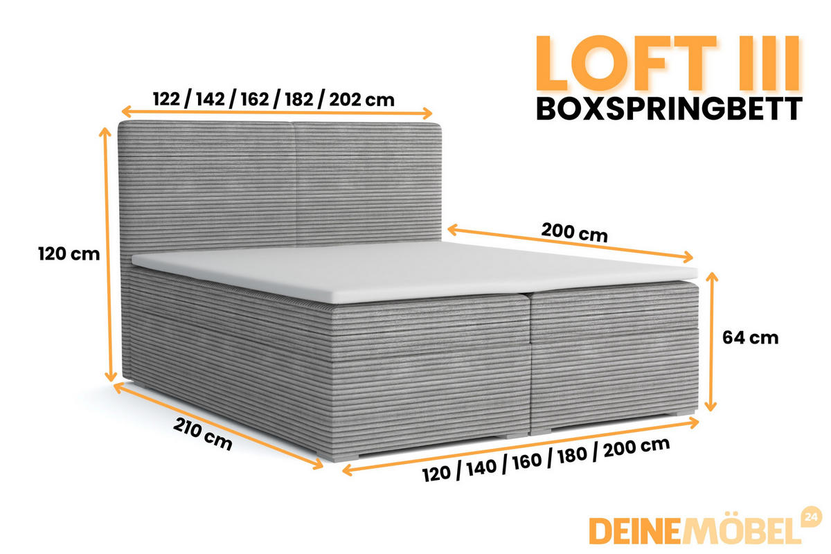 BOXBETT LOFT III 160/200 Cord Hellgrau mit Bonell-Federkernmatratzen H3 - Hellgrau, Holz/Holzwerkstoff (160/200cm) - Deine Möbel 24
