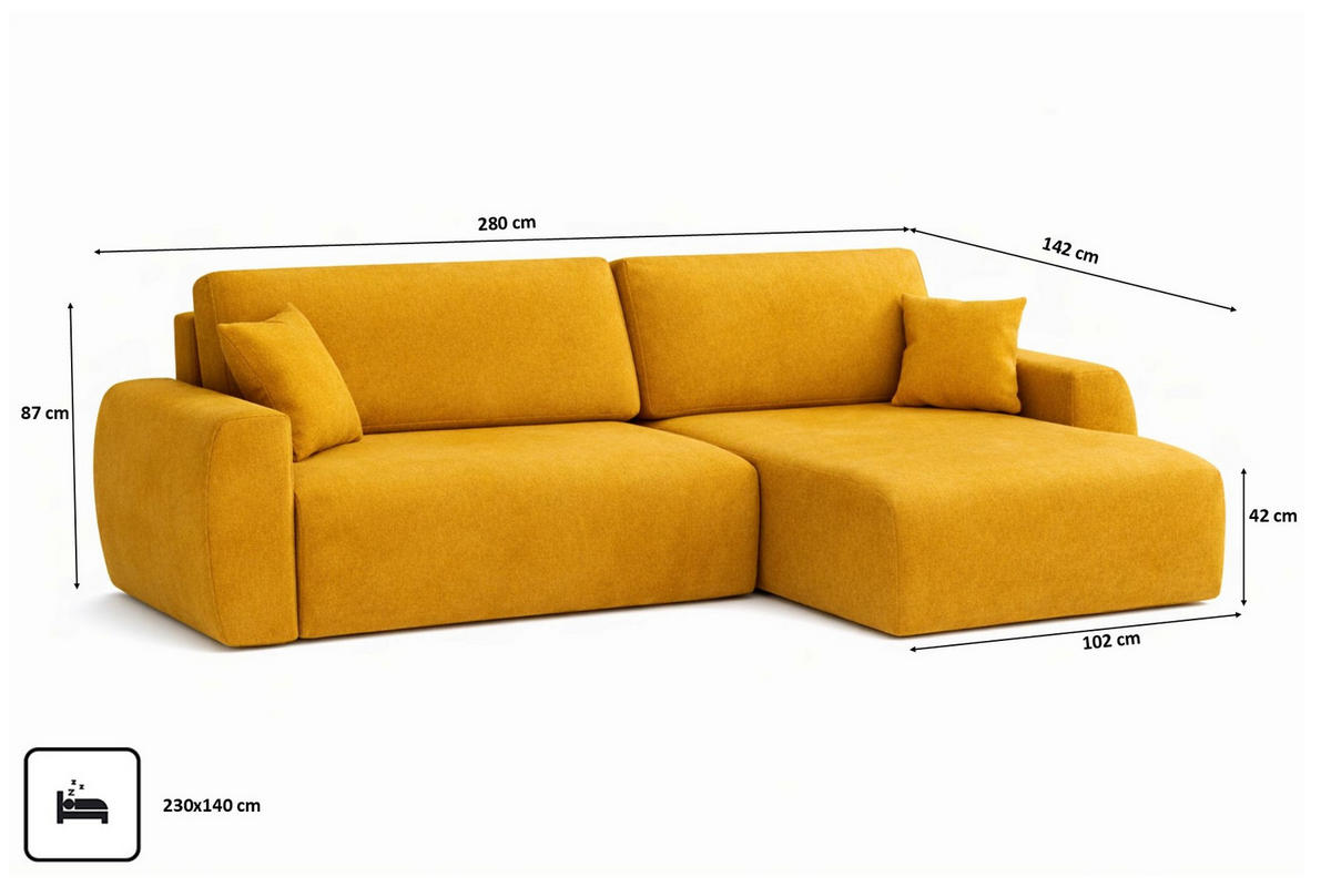 ECKSOFA Mit Schlaffunktion, Ariel XL, Velours, Stoff Salvador, Gelb, Rechts - Gelb, Holz (280/142cm) - Kaiser Möbel