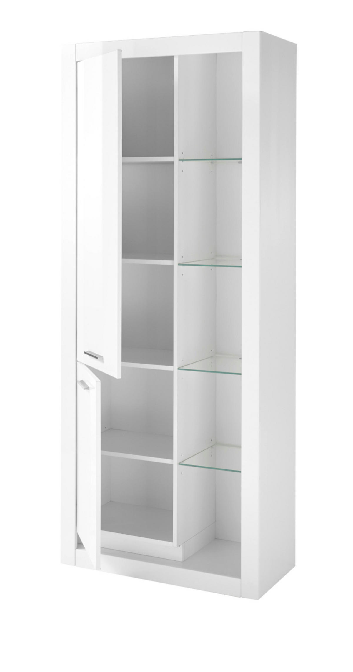 VITRINE weiß Hochglanz 80 cm, Vitrinenschrank mit 10 Fächern - Weiß Hochglanz/Silberfarben, Glas/Holzwerkstoff (80/195/37cm) - Furn.Design