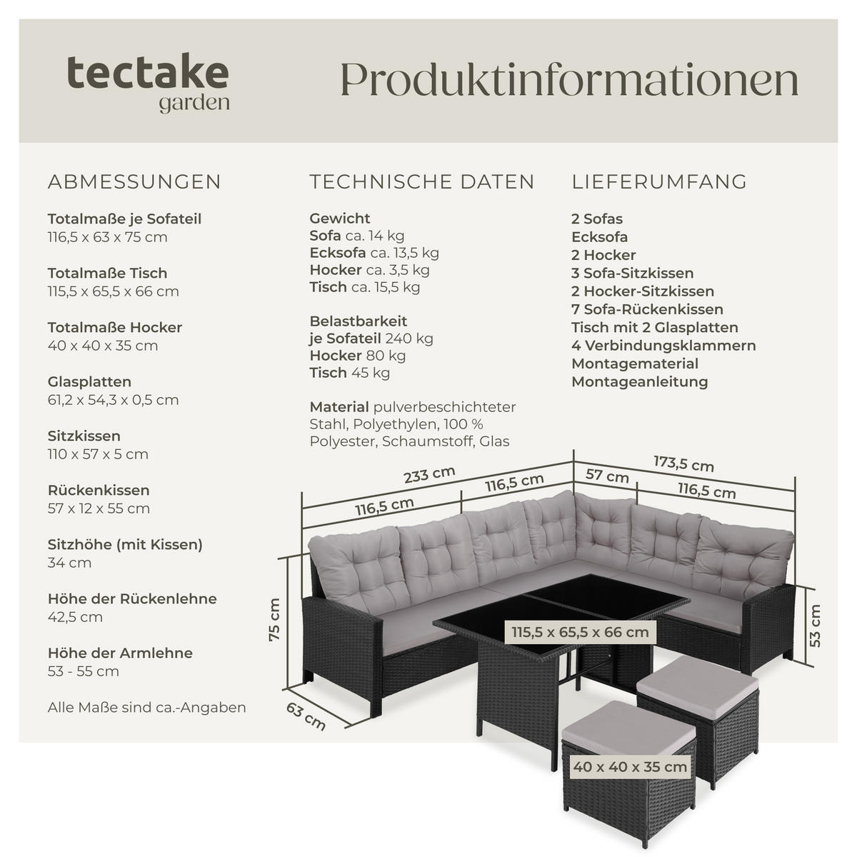RATTANLOUNGE Barletta,mit Sicherheitsglasplatten,schwarz - Schwarz, Kunststoff - tectake