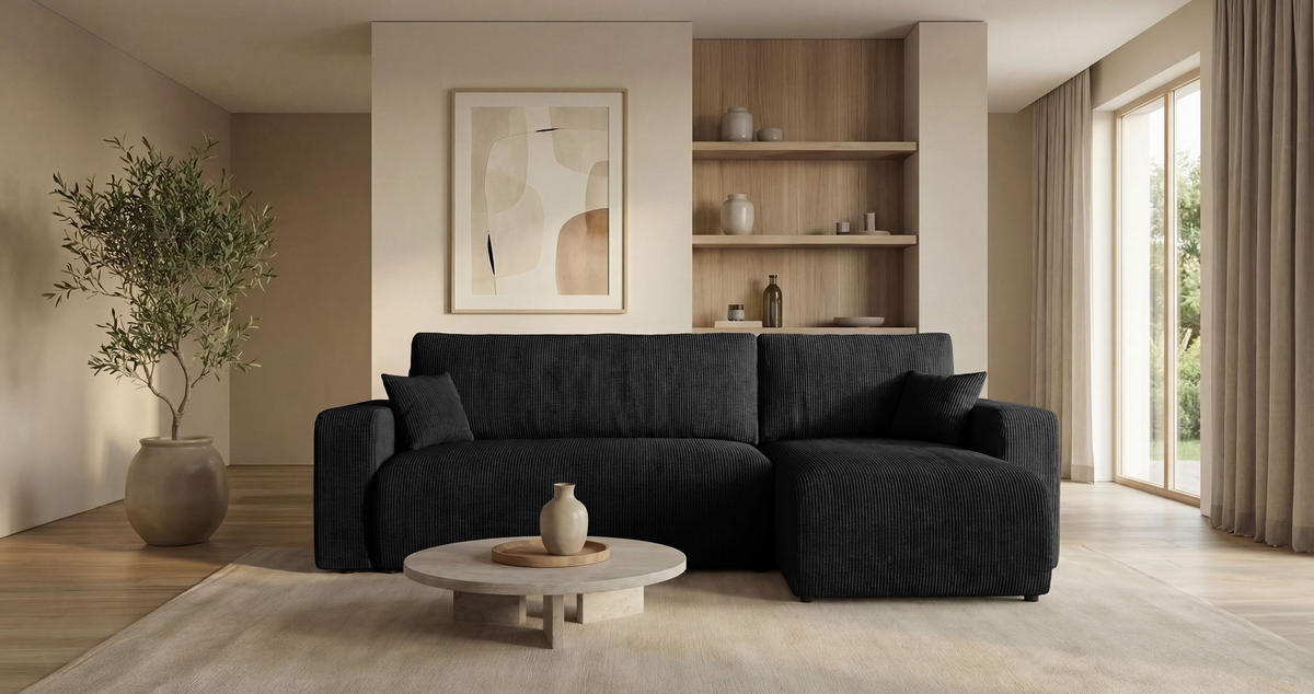 ECKSOFA PARIS rechts schwarz Cord Poso 135 - Schlaffunktion, Bettkasten - Schwarz, Textil (255/149cm) - Cornero