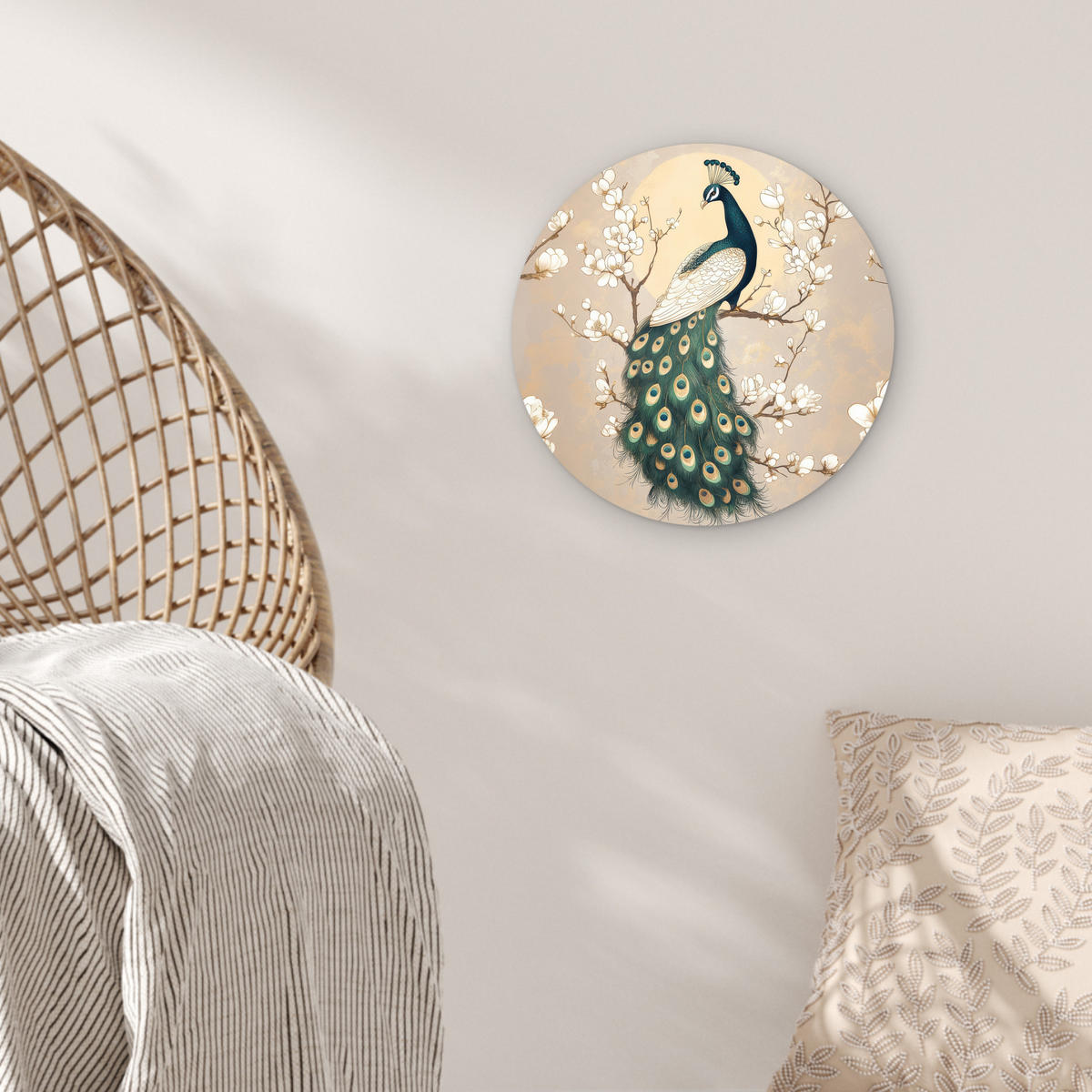 WANDBILD Pfau - Zweig - Blumen 30x30 cm - Champagner, Kunststoff (30/30cm) - MuchoWow