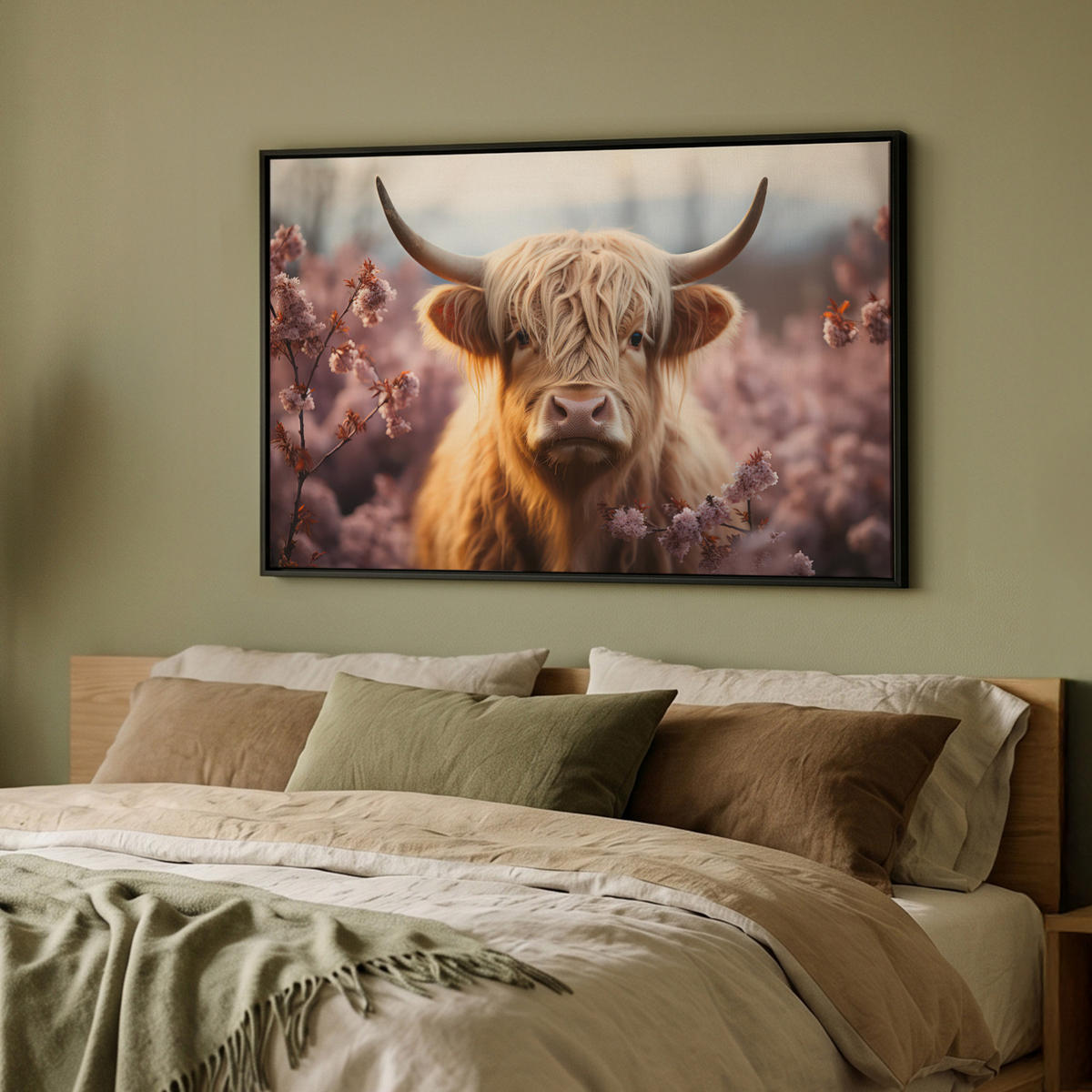 LEINWAND Bilder mit Rahmen - Schottischer Hochländer - Frühling - Hochland - 90x60 - Hellrosa, Textil (90/60cm) - MuchoWow