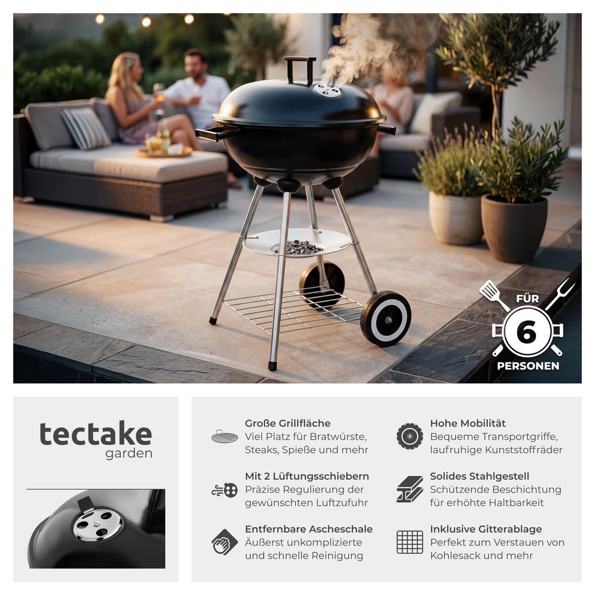 KUGELGRILL , Ø Rost 41,5 cm, schwarz/silber - Silberfarben/Schwarz, Metall (41.5/75cm) - tectake