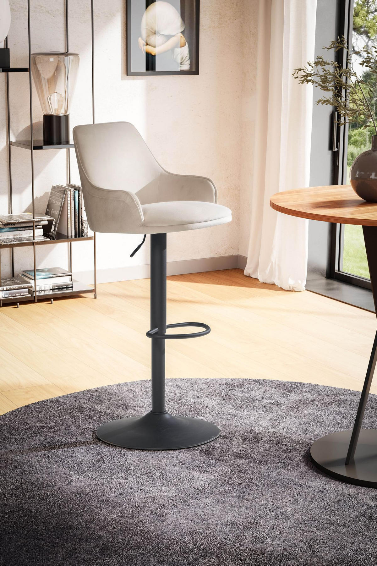 BARHOCKER Samt Lehne Höhenverstellbar Trompetenfuß Armlehne Gepolstert, Beige 45x45x106 cm - Beige/Schwarz, Textil/Metall (45/106/45cm) - KADIMA DESIGN