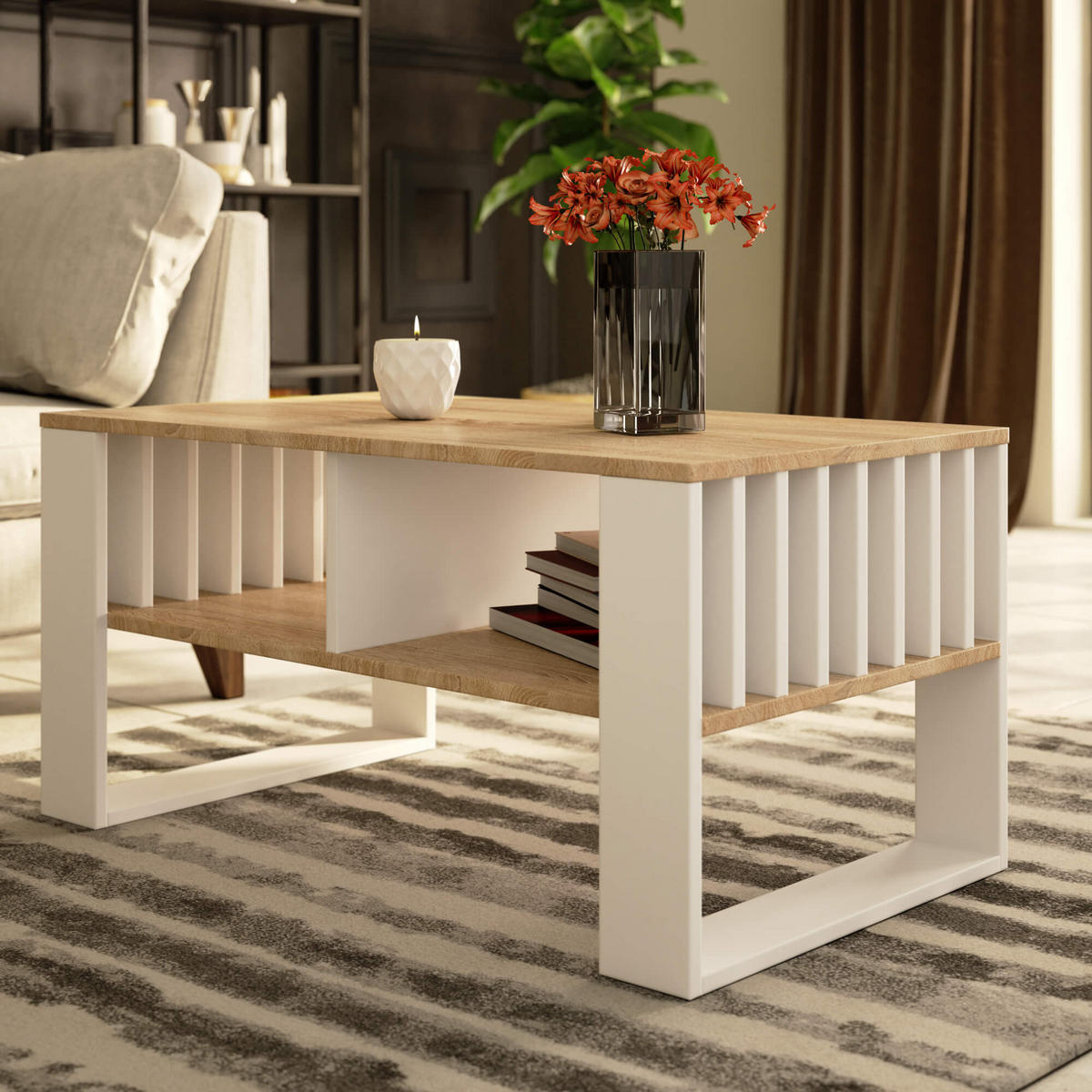 COUCHTISCH ROCKFORD Sonoma Eiche, Weiß 92x53x45 cm - Weiß/Sonoma Eiche, Holzwerkstoff (53/92/45cm) - Akord