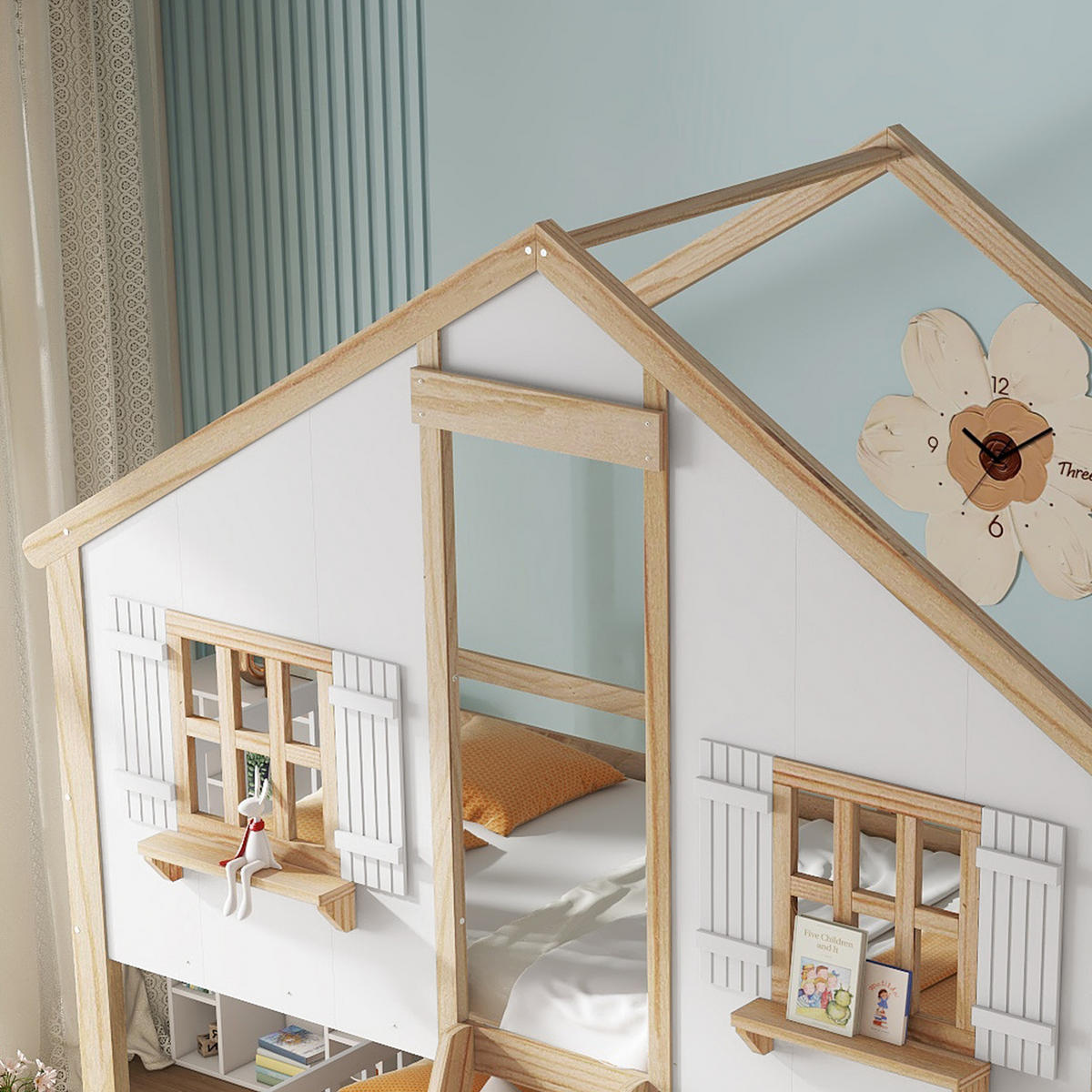 DOMČEKOVÁ posteľ, 90/200 cm masívne drevo + MDF biela/prírodná so strieškou a okienkami - biela, kompozitné drevo (90/200cm) - BEAOK