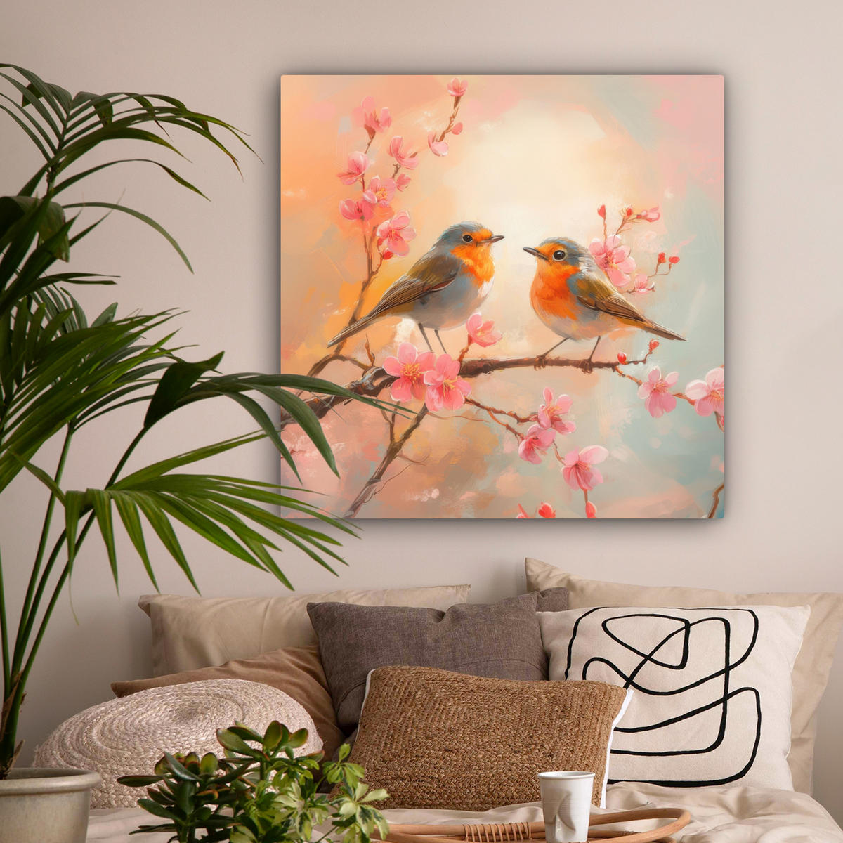 LEINWANDBILD Rotkehlchen - Zierpflanze - Blütenzweig 90x90 cm - Hellrosa, Textil (90/90cm) - MuchoWow