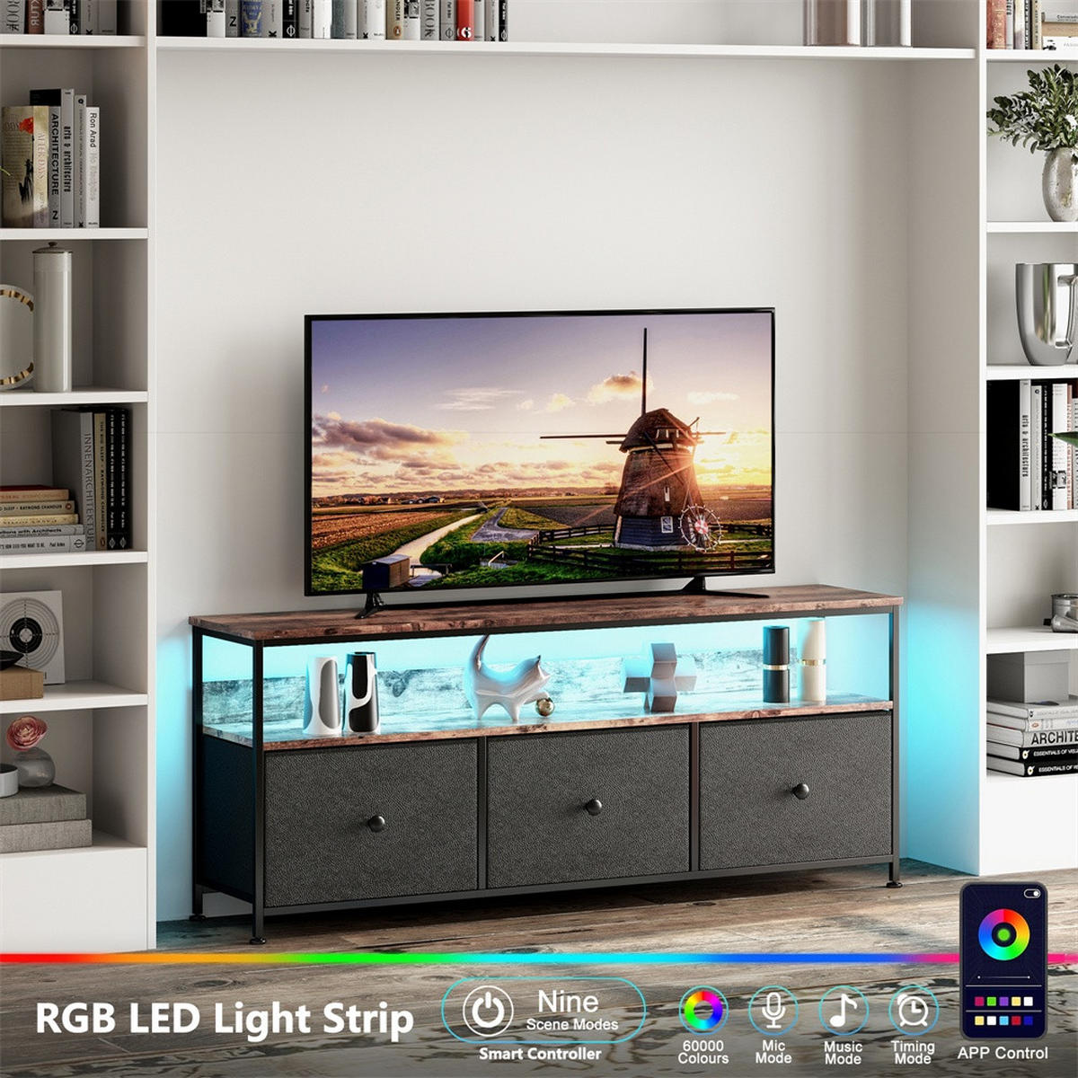 TV-LOWBOARD 108cm - mit LED-Beleuchtung und Stoffschubladen - Industrial-Stil Holz-Natur und Schwarz - Schwarz, Holzwerkstoff (29.8/57/108cm) - DELFA
