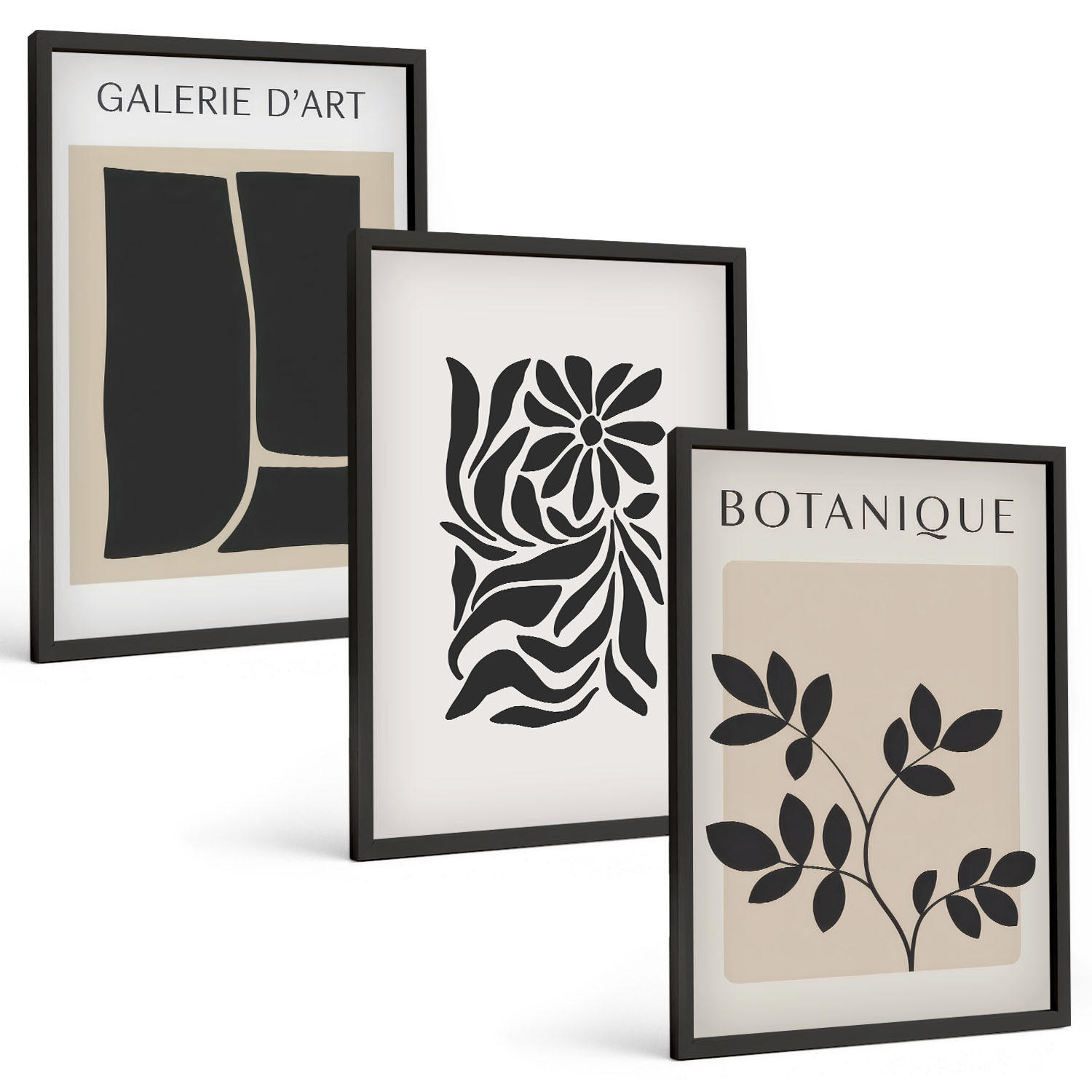 BILDER SET 3er Set - 40x60 cm Schwarzer Rahmen - Abstrakte Pflanzenmuster - Schwarz, Kunststoff (40/60cm) - TULUP