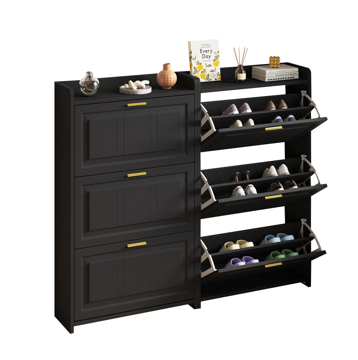 SCHUHSCHRANK aus MDF & Spanplatte 140x24x120cm in Schwarz 2er Set - Schwarz, Holzwerkstoff (140/120/24cm) - Modfu