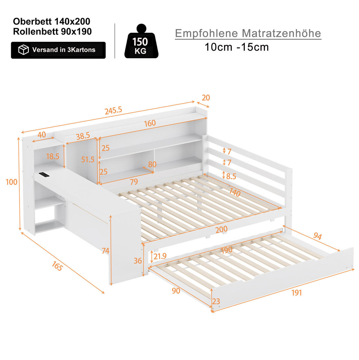SCHLAFSOFA 140/200 cm mit Ausziehbett, Schreibtisch, Regalen und USB-Steckdose, Weiß - Weiß, Holzwerkstoff (165/100/245.5cm) - Redom