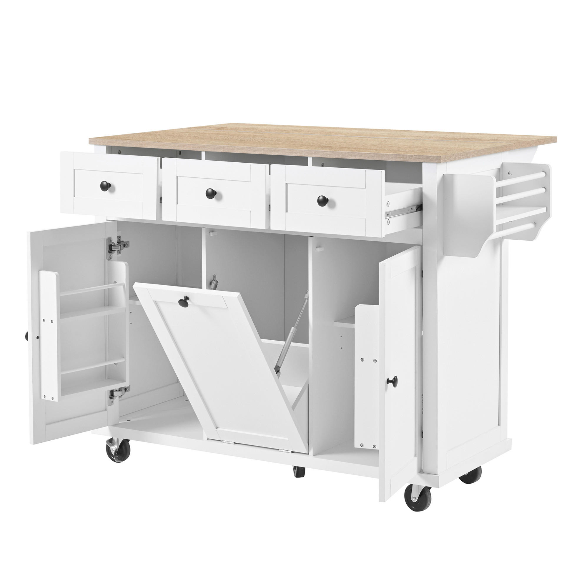 Redom KUCHYŇSKÝ ostrůvek 112/46,2-76,2/92,7 cm na kolečkách s výsuvnou deskou, zásuvkami a prostorem na odpad, Bílá/přírodní