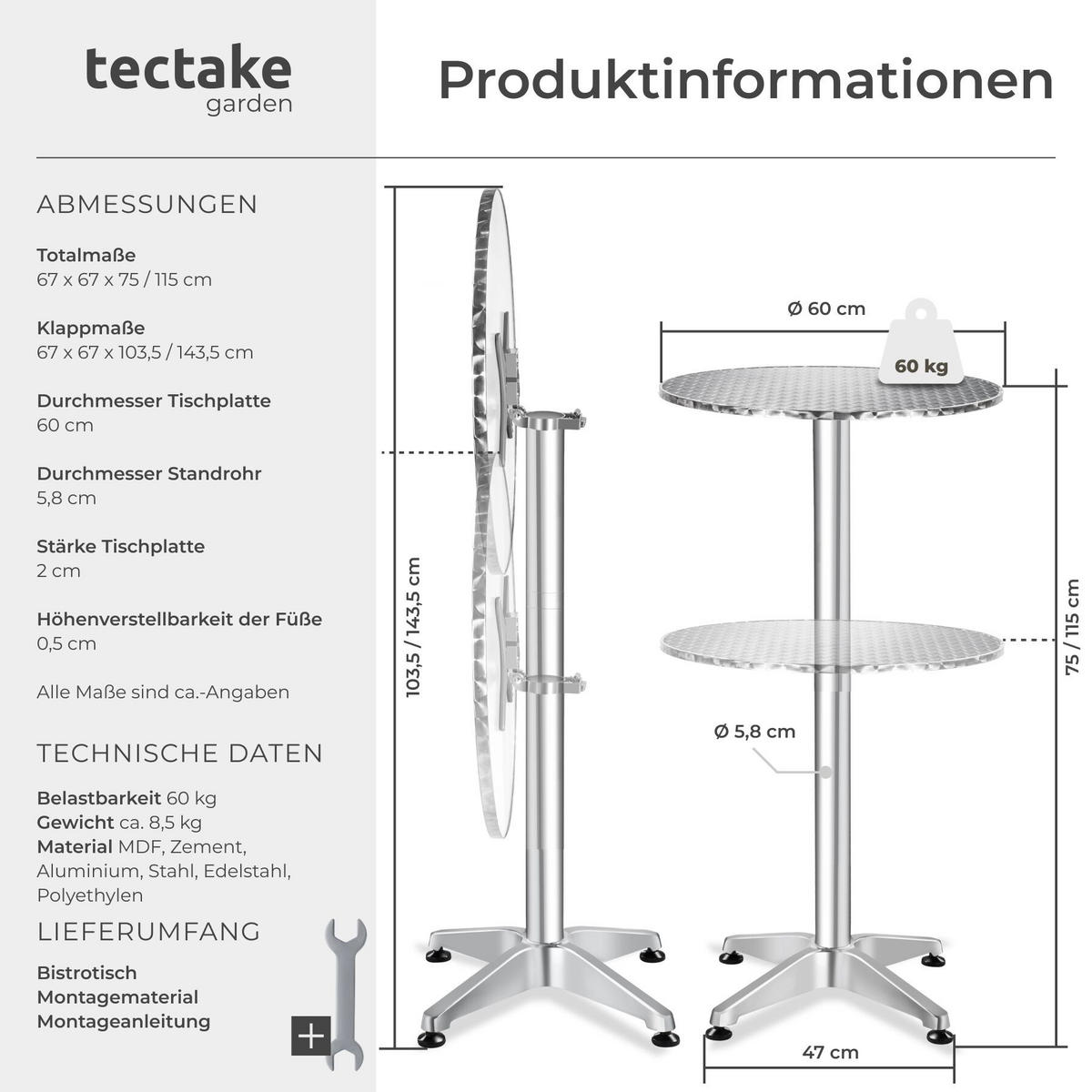 BISTROTISCH aus Aluminium Viktor, höhenverstellbare Kunststofffüße, silber - Silberfarben, Holz (67/67/115cm) - tectake