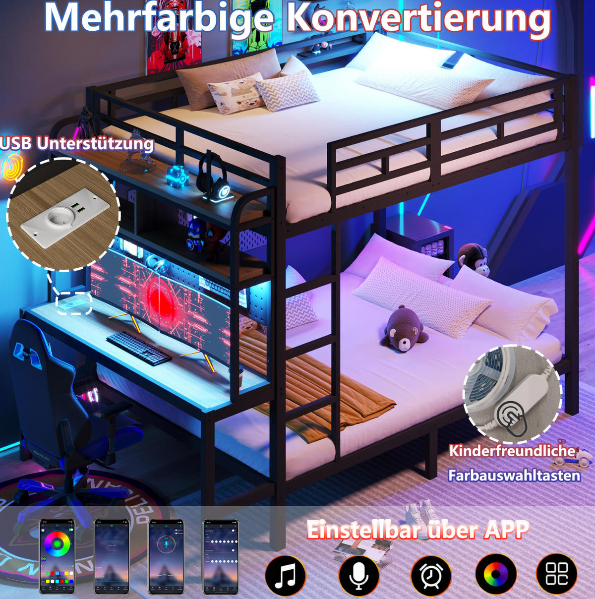 ETAGENBETT aus Metall und MDF 140x200 cm Schwarz mit Schreibtisch, LED-Beleuchtung und USB-Anschluss - Schwarz, Metall (140/200cm) - IVMEU