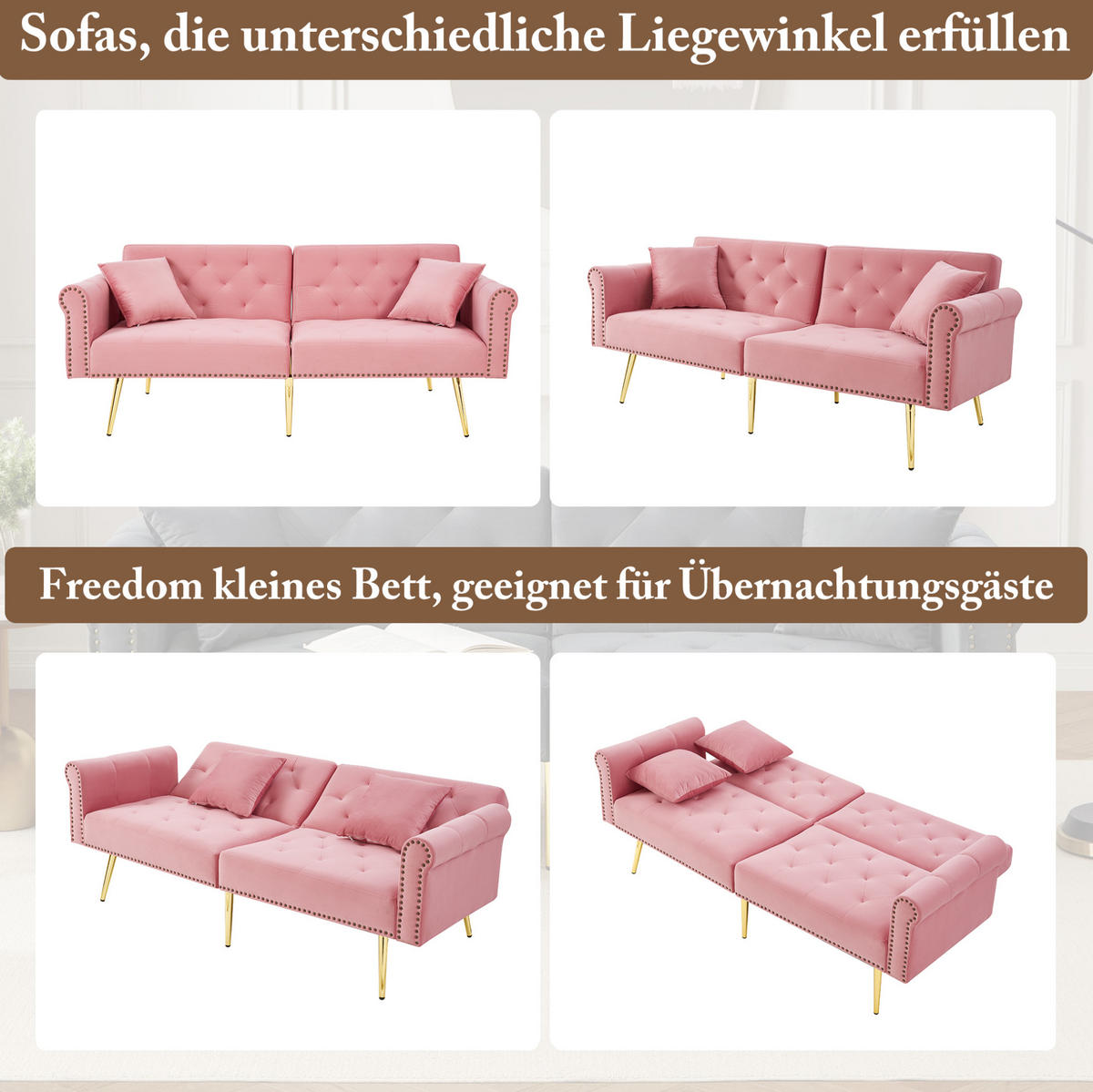 SCHLAFSOFA aus Samt 147x85 cm Pink mit 3-stufig verstellbarer Rückenlehne und 2 Kissen - Rosa, Kunststoff (75/70/173cm) - Modfu