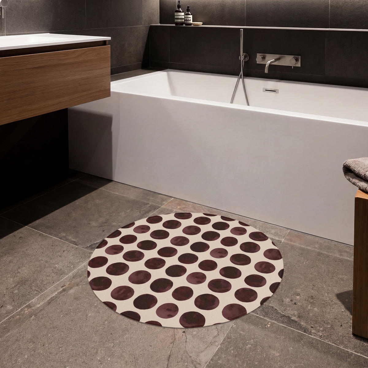 KOUPELNOVÁ PŘEDLOŽKA Puntíky - Vzor - Hnědý 70x70 cm - bordeaux, textil/plast (70/70cm)
