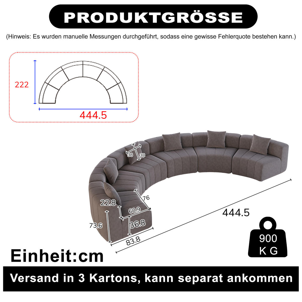 SITZGARNITUR Geschwungen modular 6-Sitzer mit 2 Kissen, DE-42718, Grau - Grau, Textil (444.5/73.6/83.5cm) - ComfortXL