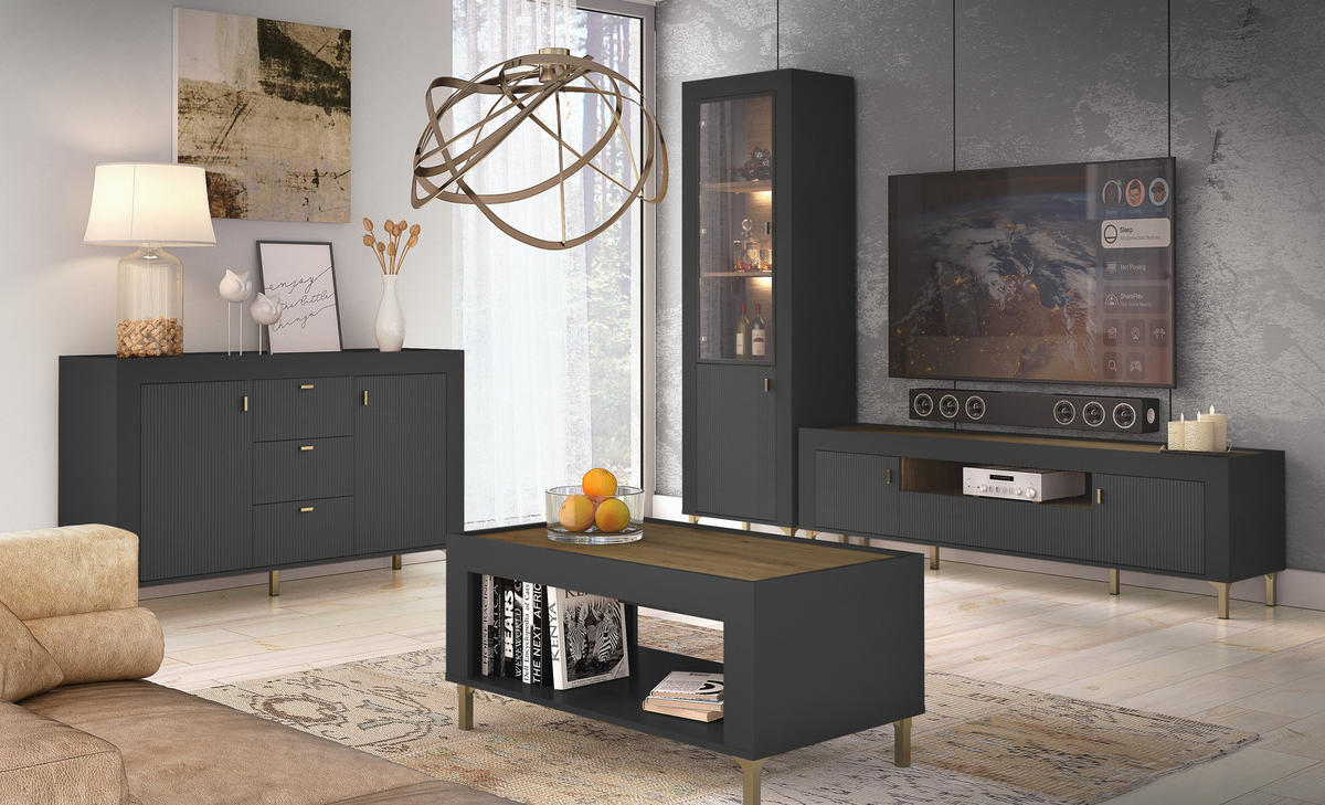 TV-SCHRANK Mossa Schwarz - Goldfarben/Schwarz, Holzwerkstoff (177/52/40cm) - Bettso