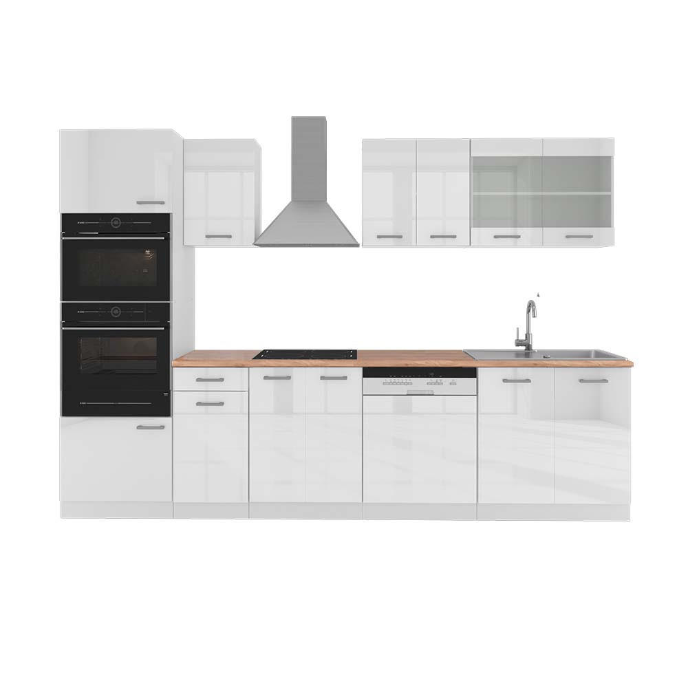 KÜCHENZEILE R-Line Weiß Hochglanz/Weiß 300 cm mit Hochschrank AP Eiche - Weiß Hochglanz/Weiß, Holzwerkstoff (300/81.6/60cm) - Vicco
