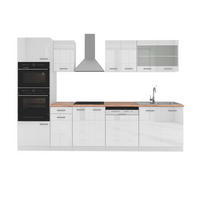 KÜCHENZEILE R-Line Weiß Hochglanz/Weiß 300 cm mit Hochschrank AP Eiche - Weiß Hochglanz/Weiß, Holzwerkstoff (300/81.6/60cm) - Vicco