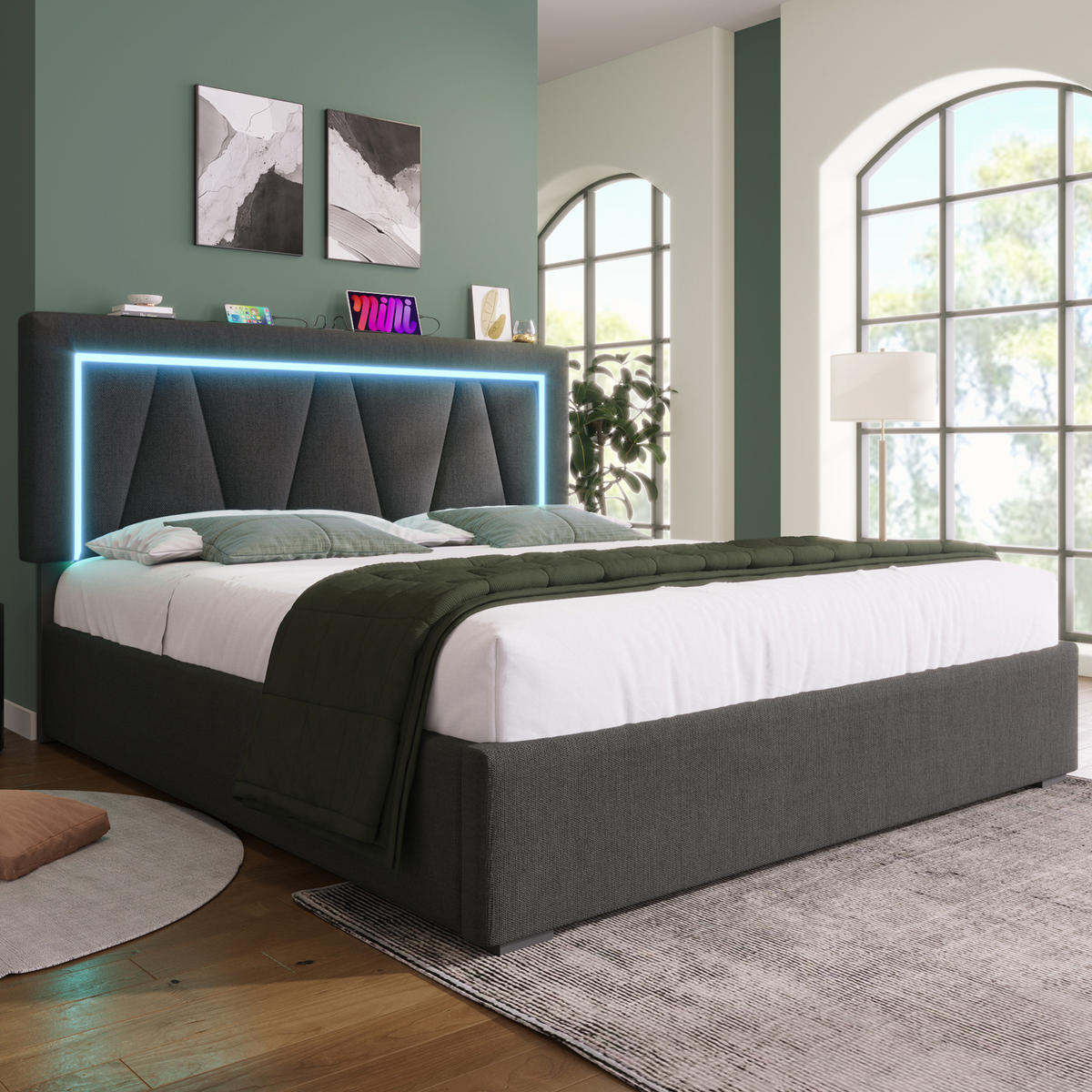 ČALOUNĚNÁ postel 160/200 cm šedá z lnu s LED osvětlením, USB-C a úložným prostorem - šedá, textil (160/200cm) - OKWISH