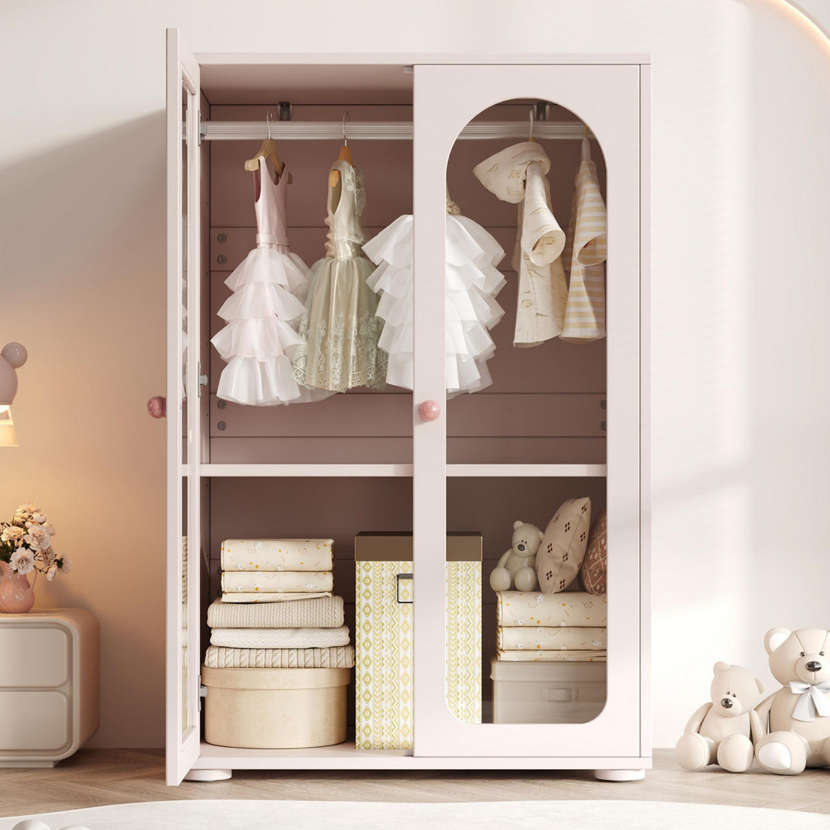 KLEIDERSCHRANK aus MDF und Acryl 80x50x120 cm Babyrosa mit verstellbaren Einlegeböden, Kleiderstange und transparenten Türen - Pink, Holzwerkstoff (80/120/50cm) - Modfu