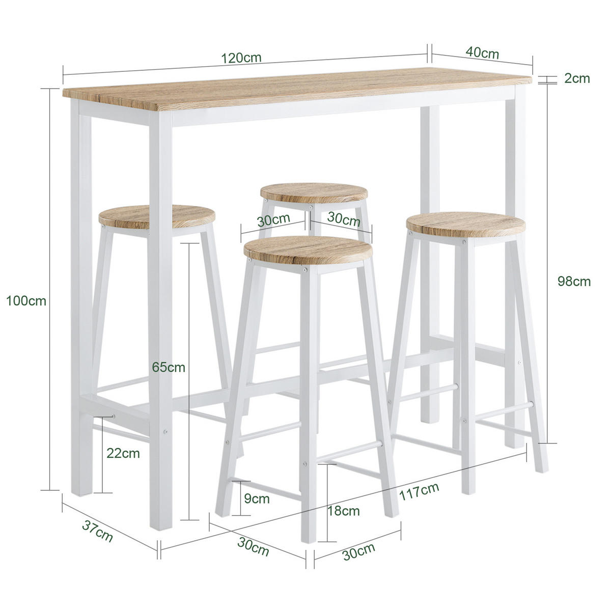 BARTISCH + 4 x BARHOCKER - Weiß, Holzwerkstoff (120/100/40cm) - SoBuy