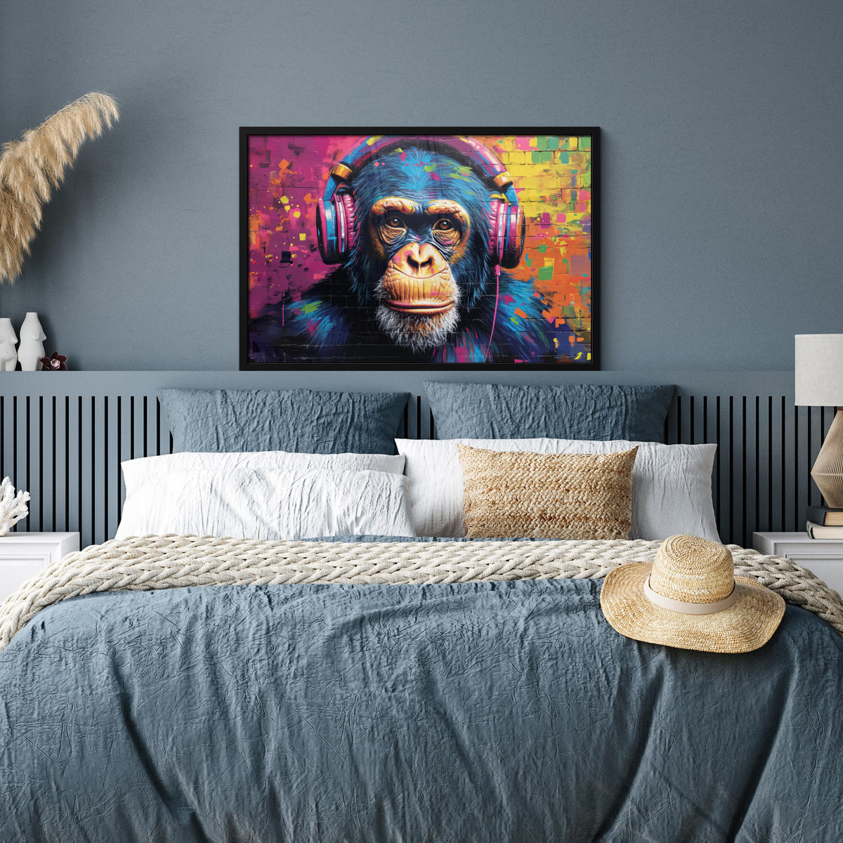 POSTER MIT RAHMEN Graffiti - Schimpanse - Straßenkunst - Kopfhörer - Affe 90x60 cm - Blau, Papier (90/60cm) - MuchoWow