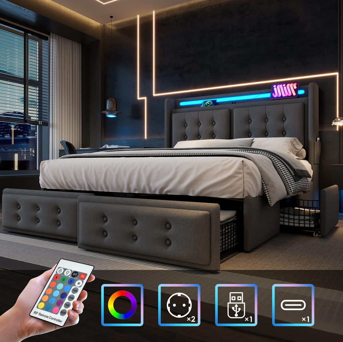 POLSTERBETT mit LED, USB-C und 4 Schubladen 180x200 cm Grau - Grau, Metall (180/200cm) - Meubliv